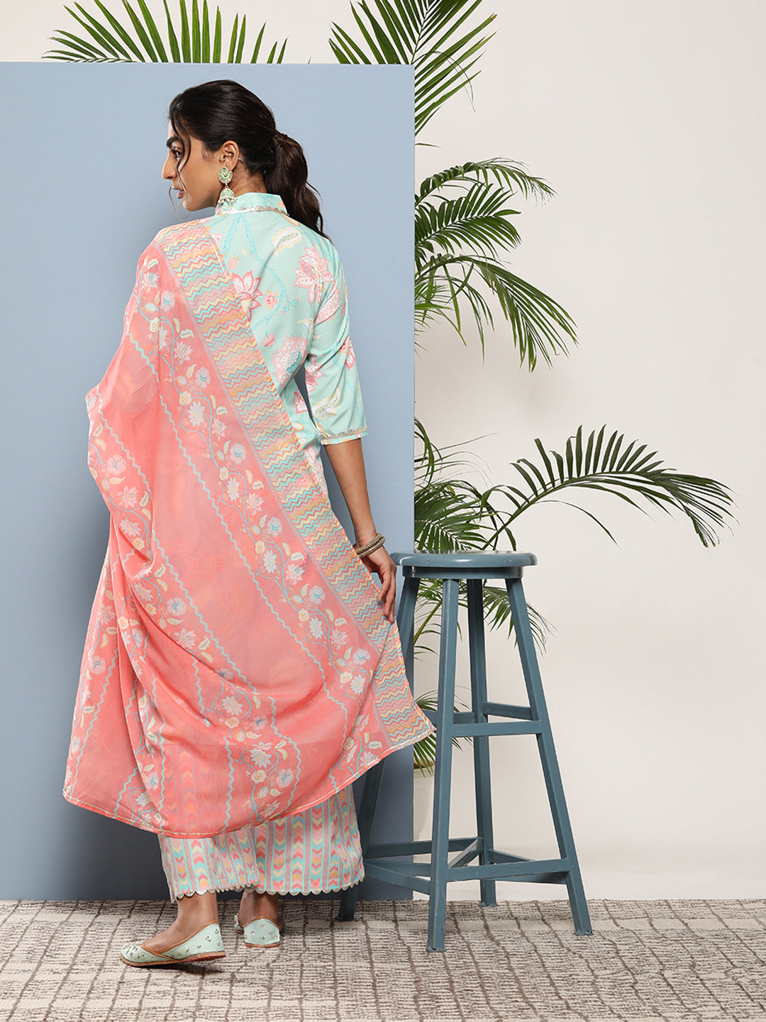 Blue Floral Printed Gotta Patti Kurta with Palazzos & With Dupatta