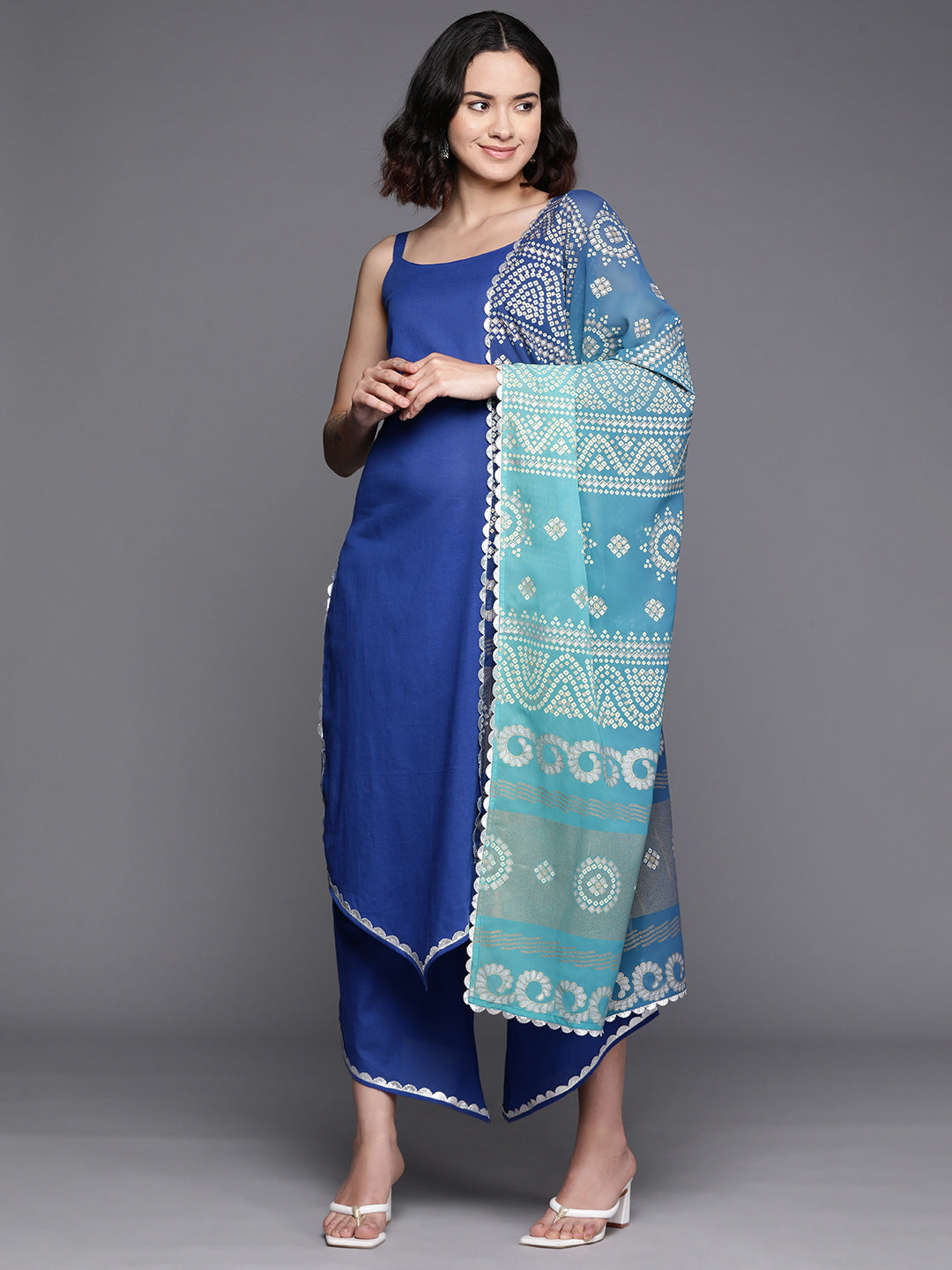 Blue Solid Pure Cotton Kurta With Palazzos & Printed Dupatta