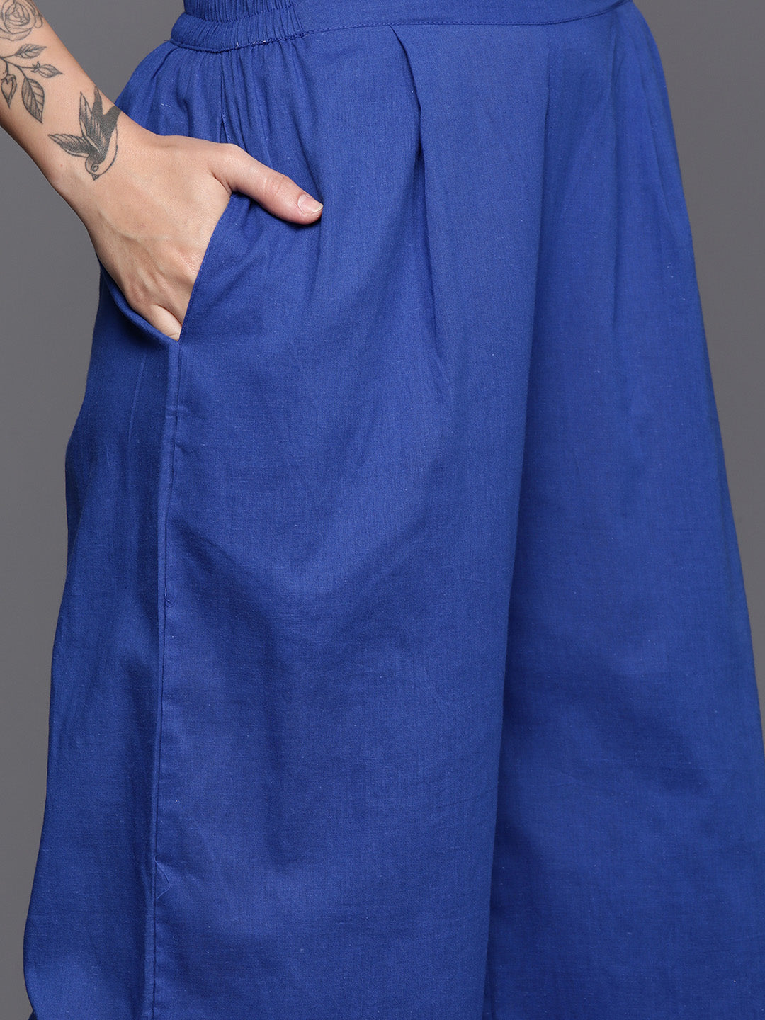 Blue Solid Pure Cotton Kurta With Palazzos & Printed Dupatta