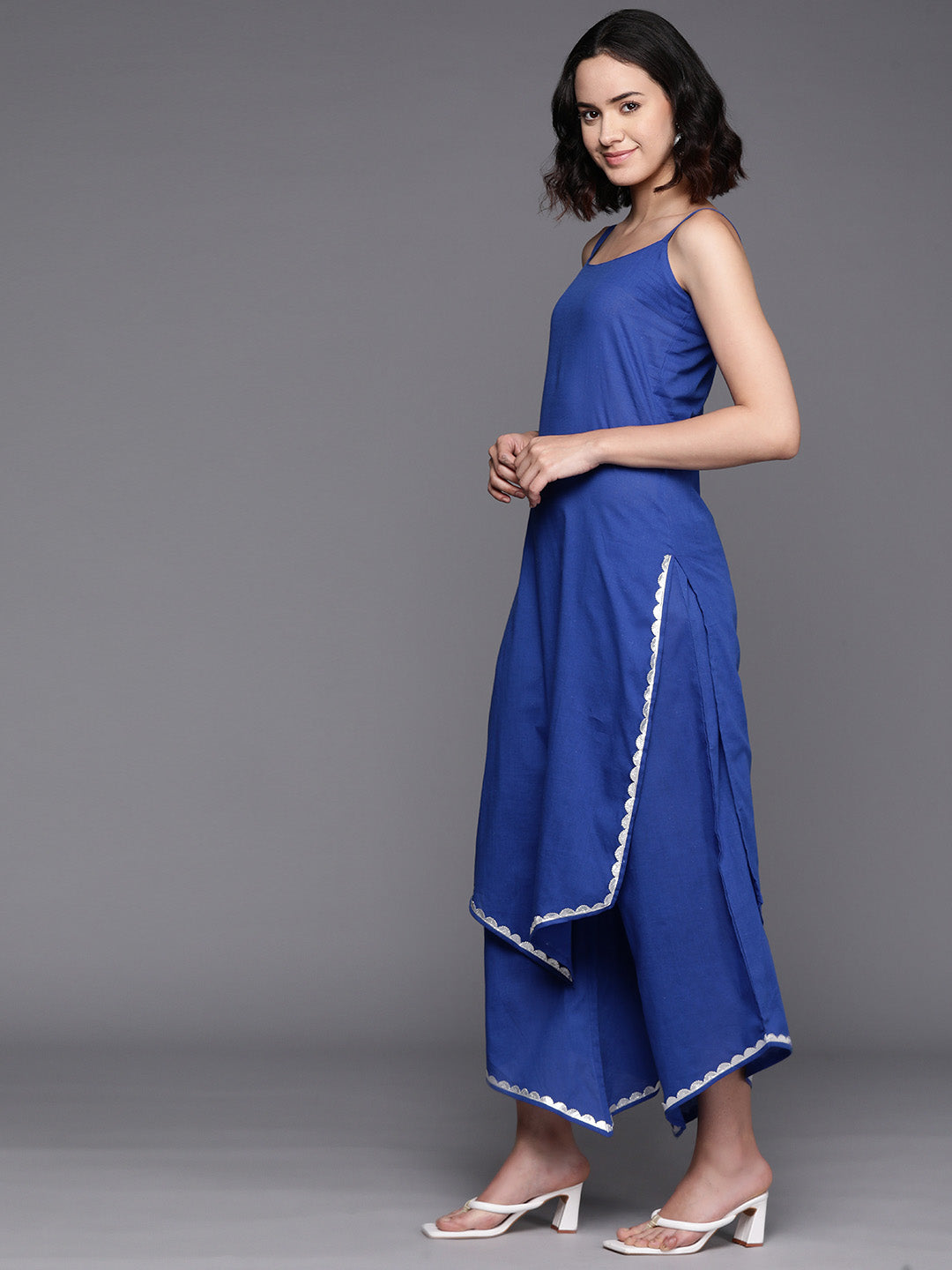 Blue Solid Pure Cotton Kurta With Palazzos & Printed Dupatta