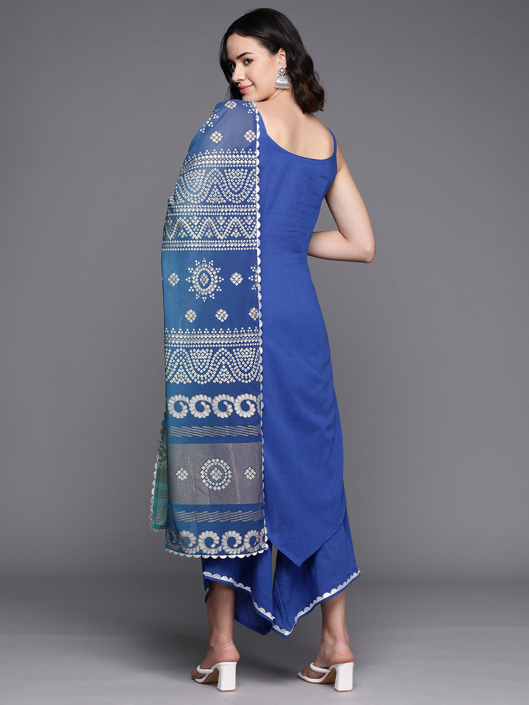 Blue Solid Pure Cotton Kurta With Palazzos & Printed Dupatta