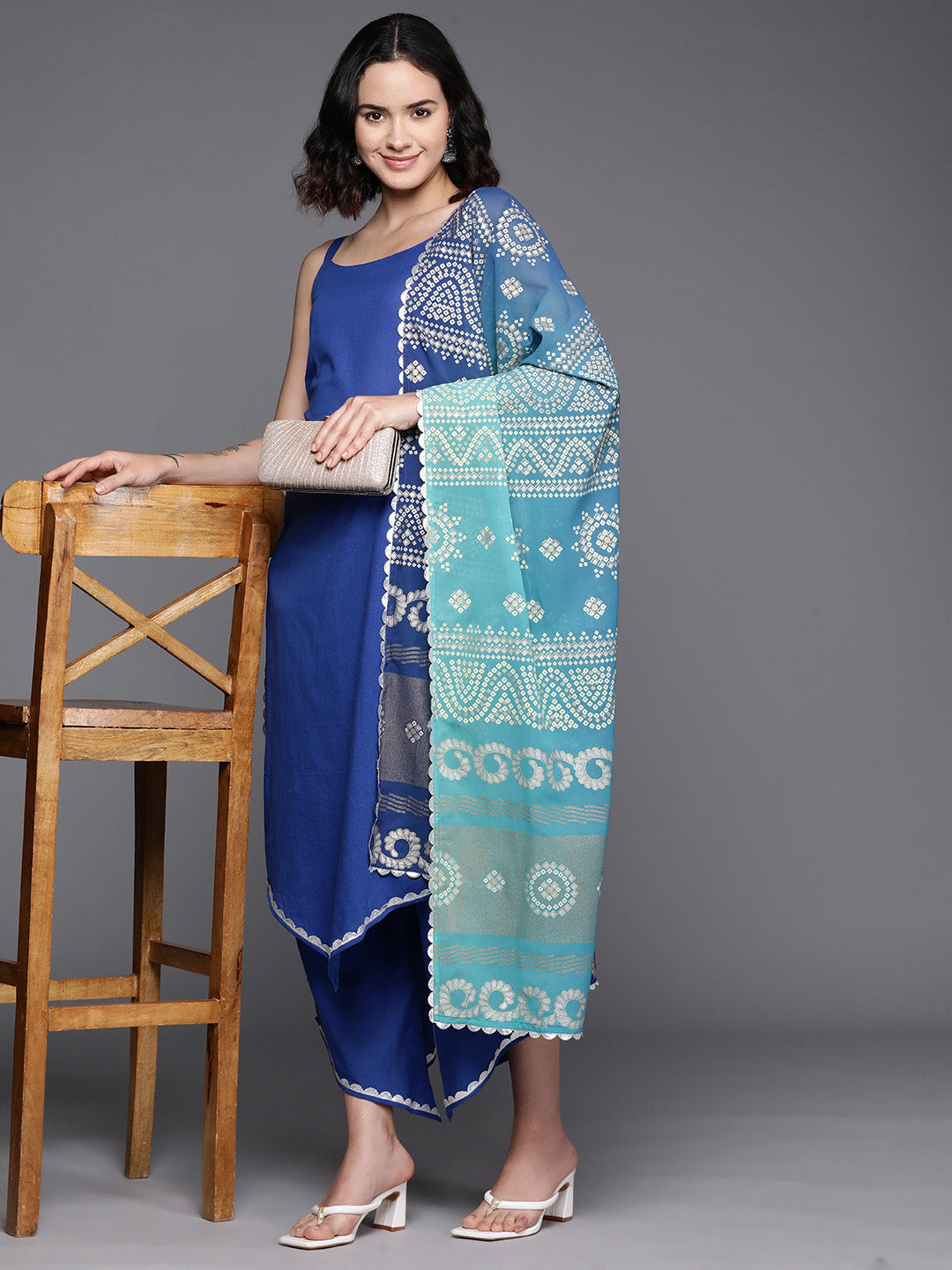 Blue Solid Pure Cotton Kurta With Palazzos & Printed Dupatta