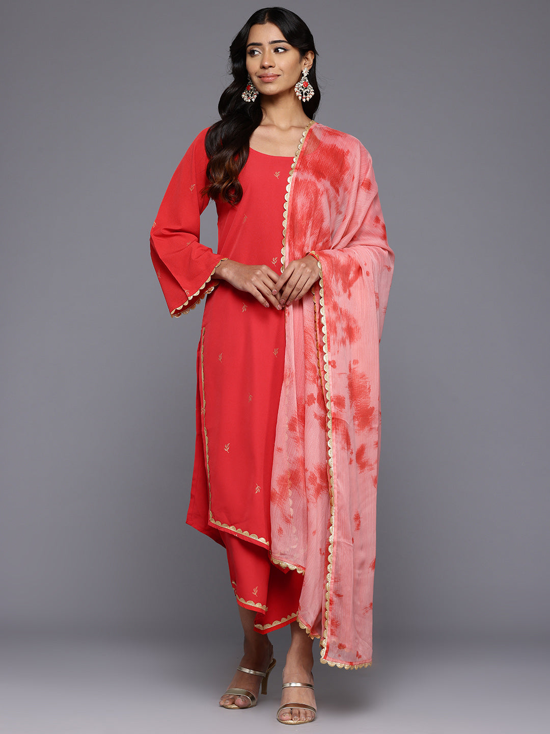 Floral Printed Gotta Patti Kurta With Palazzos & Dupatta