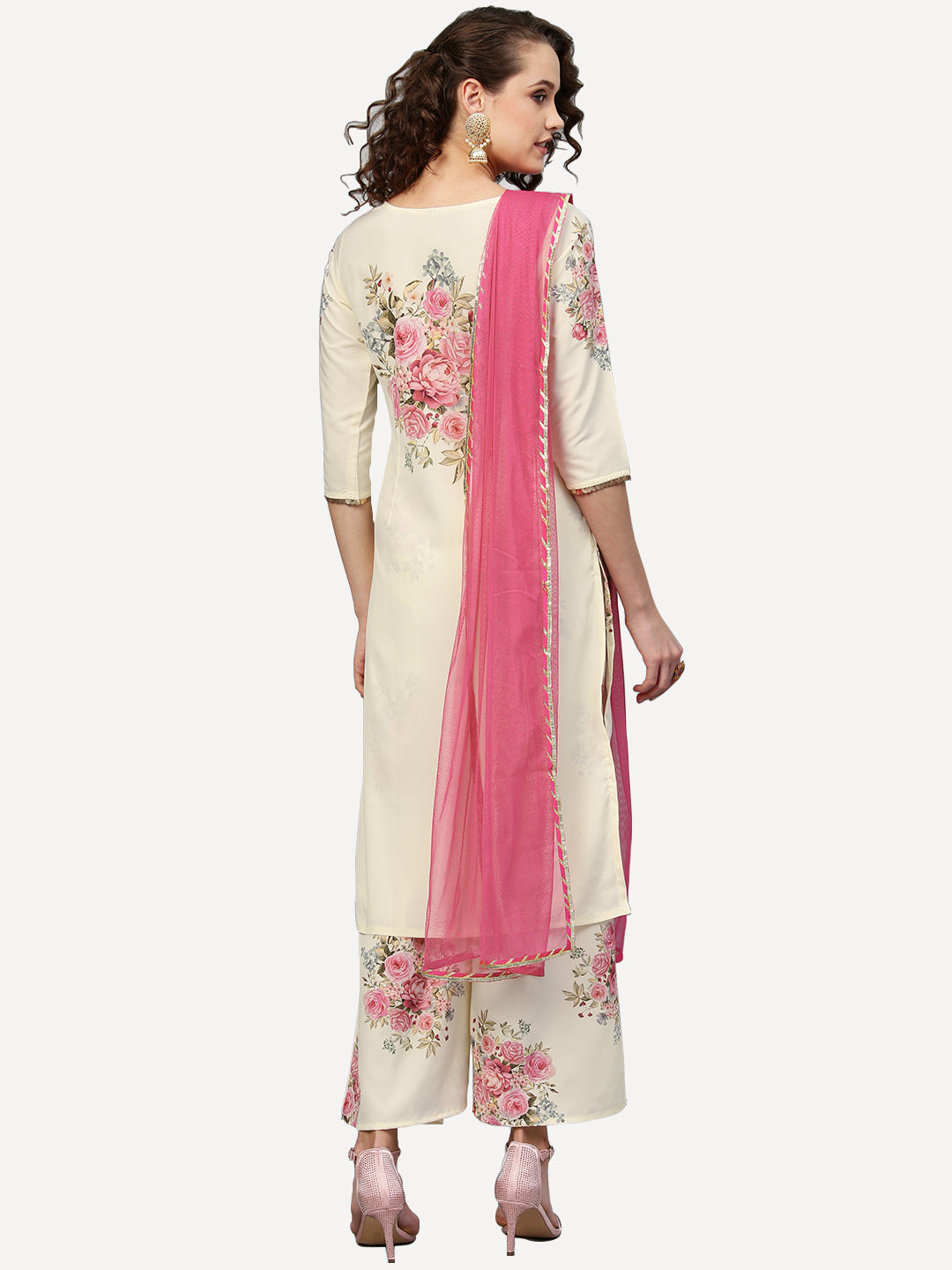 Off White & Pink Printed Kurta with Palazzos & Dupatta