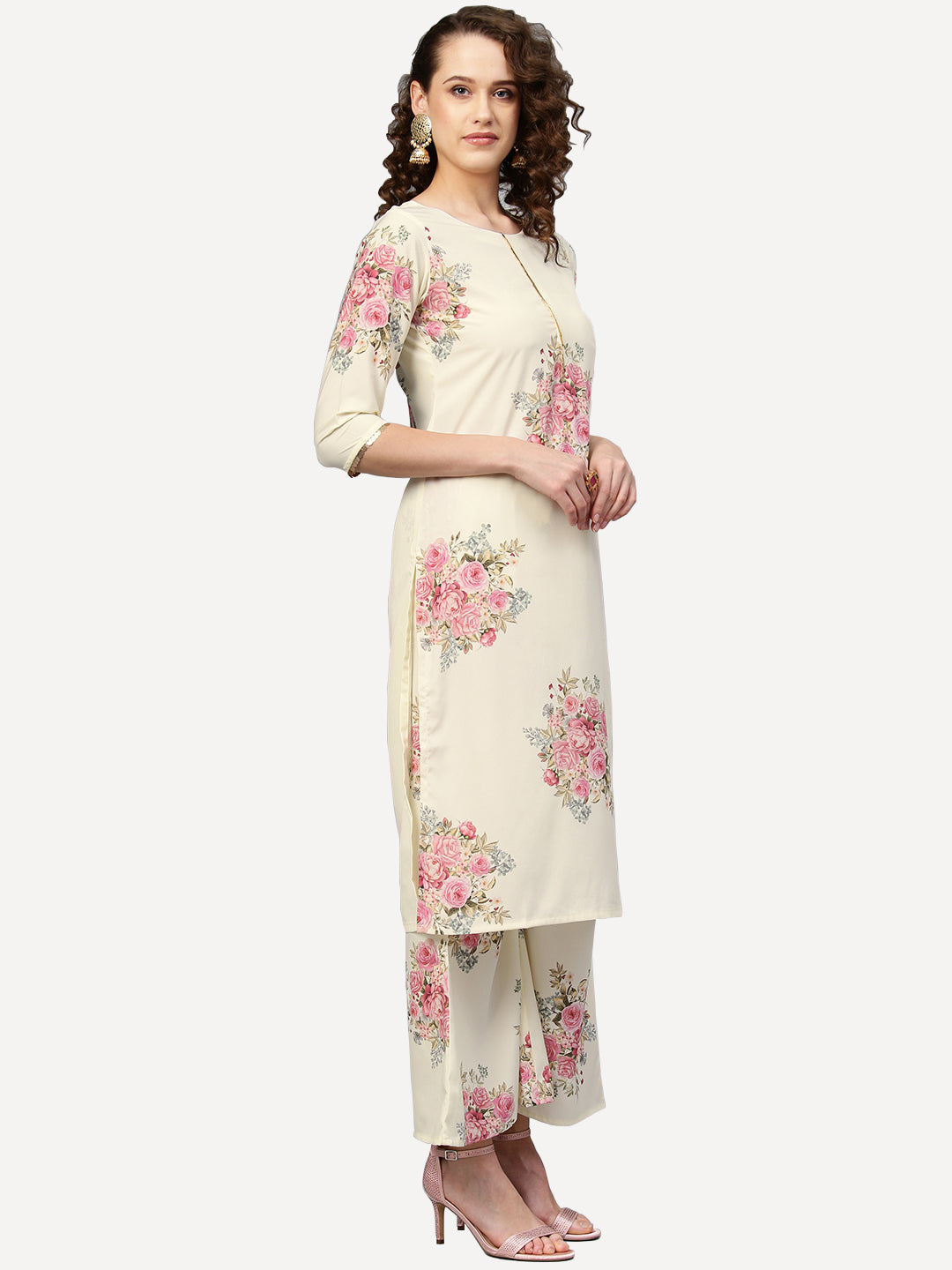 Off White & Pink Printed Kurta with Palazzos & Dupatta