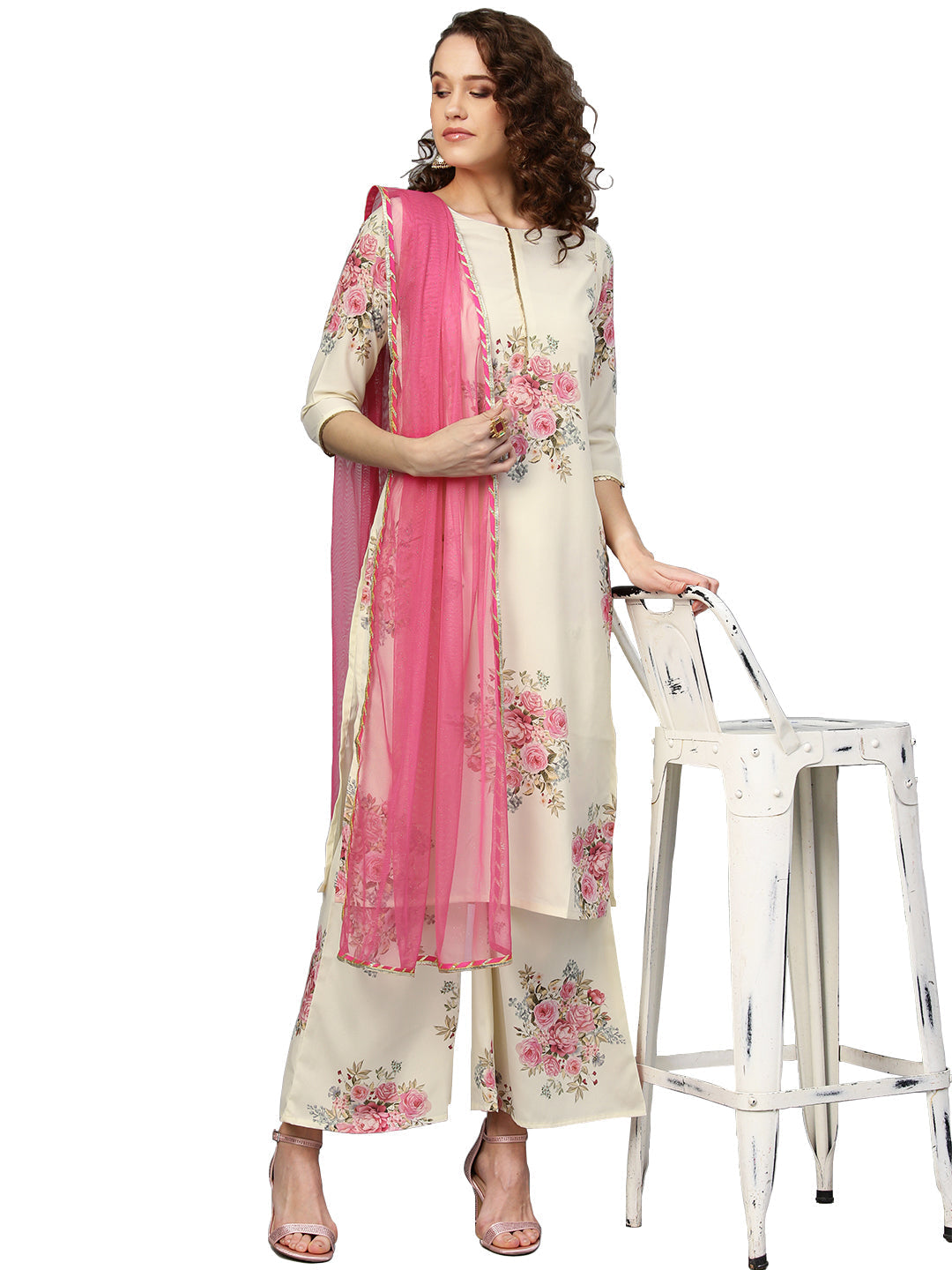 Off White & Pink Printed Kurta with Palazzos & Dupatta