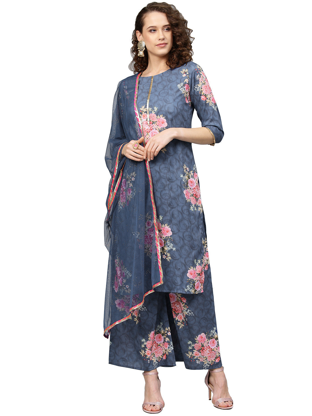 Blue & Pink Printed Kurta with Palazzos & Dupatta