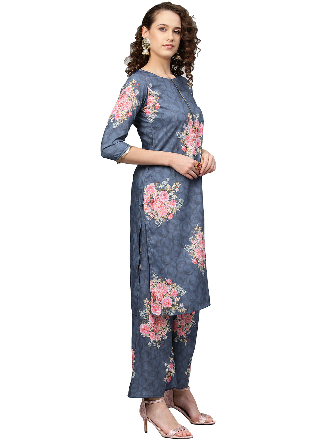 Blue & Pink Printed Kurta with Palazzos & Dupatta