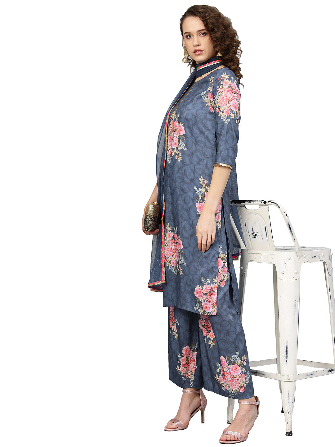 Blue & Pink Printed Kurta with Palazzos & Dupatta