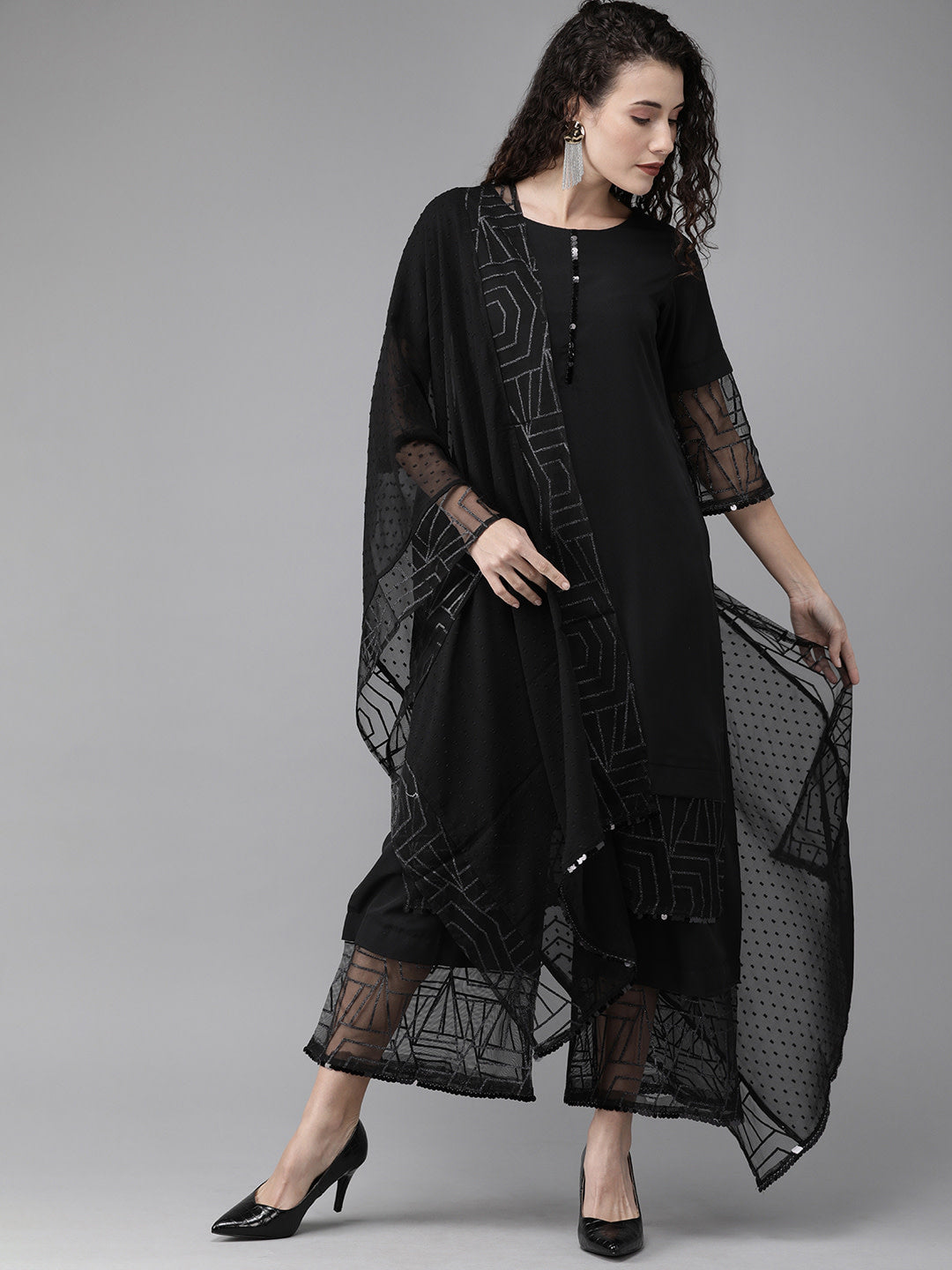 Women Black Embellished Kurta with Palazzos & Dupatta