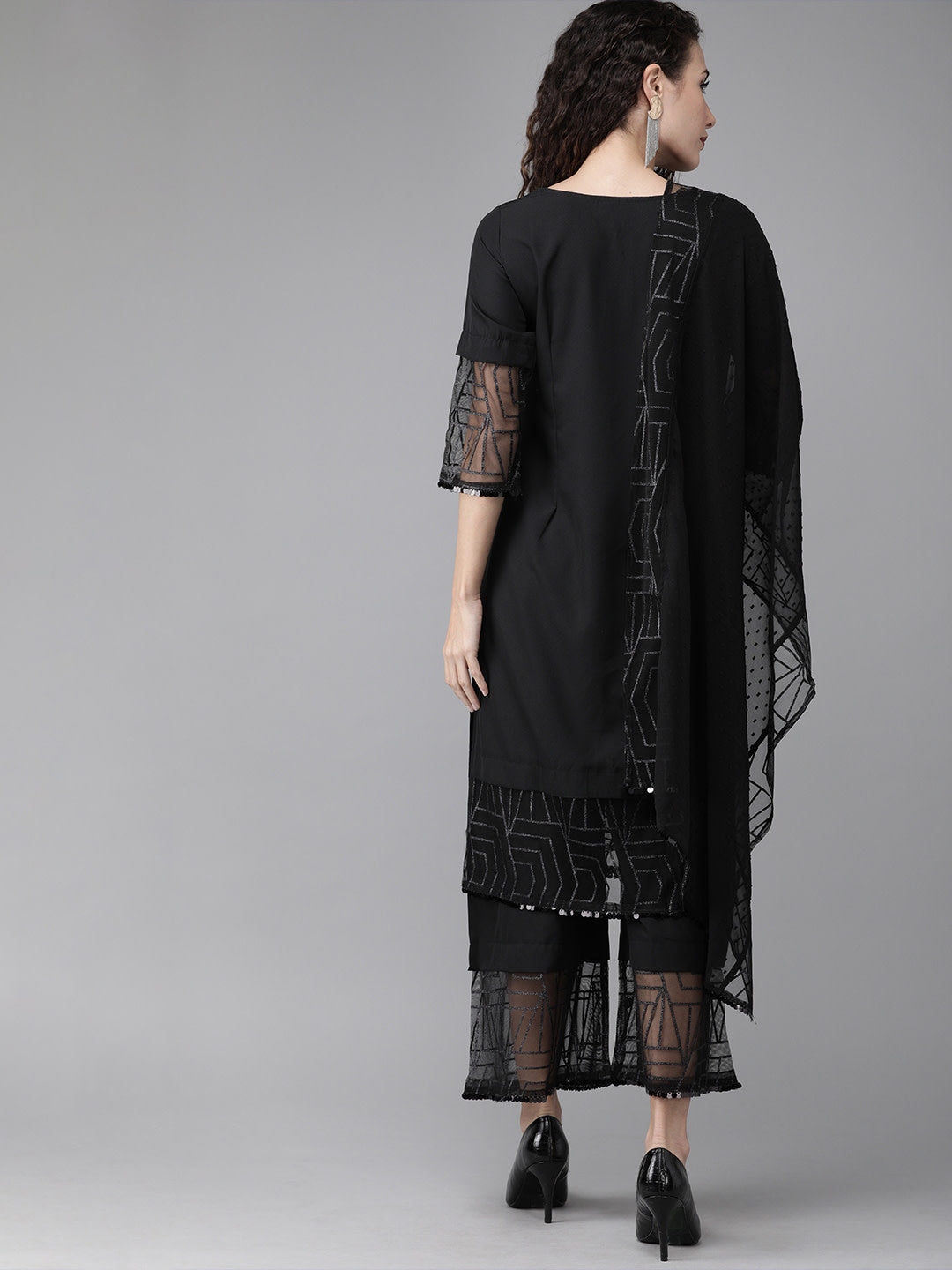 Women Black Embellished Kurta with Palazzos & Dupatta