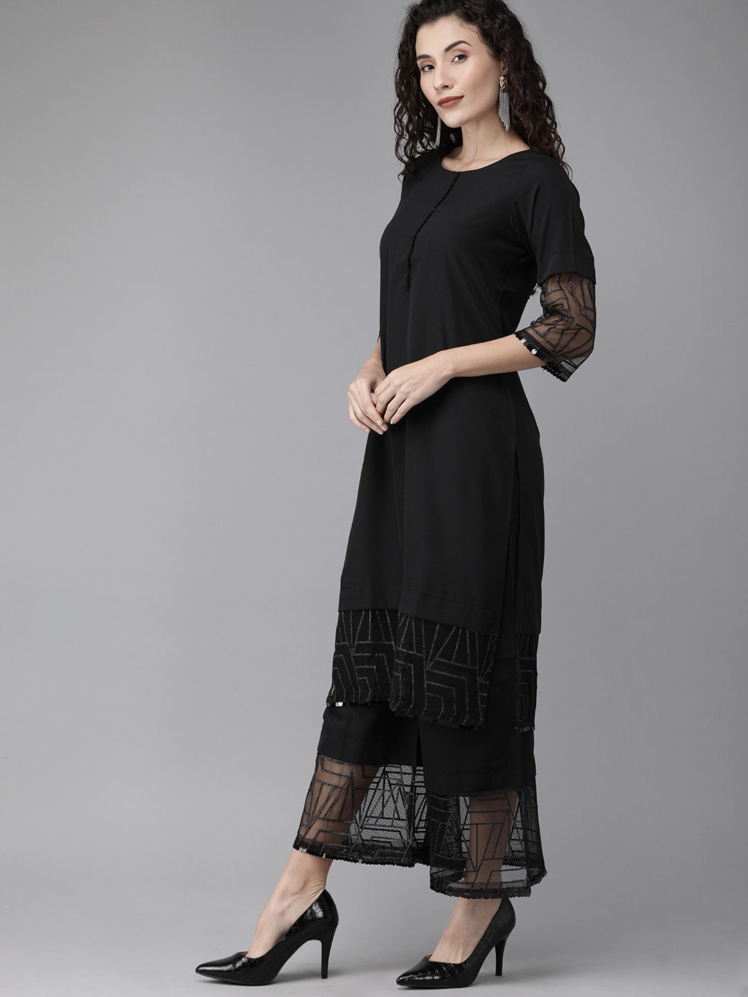 Women Black Embellished Kurta with Palazzos & Dupatta