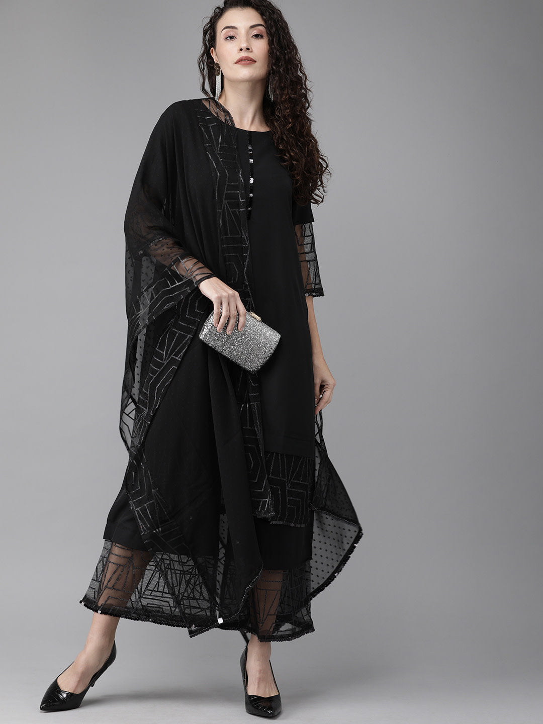 Women Black Embellished Kurta with Palazzos & Dupatta