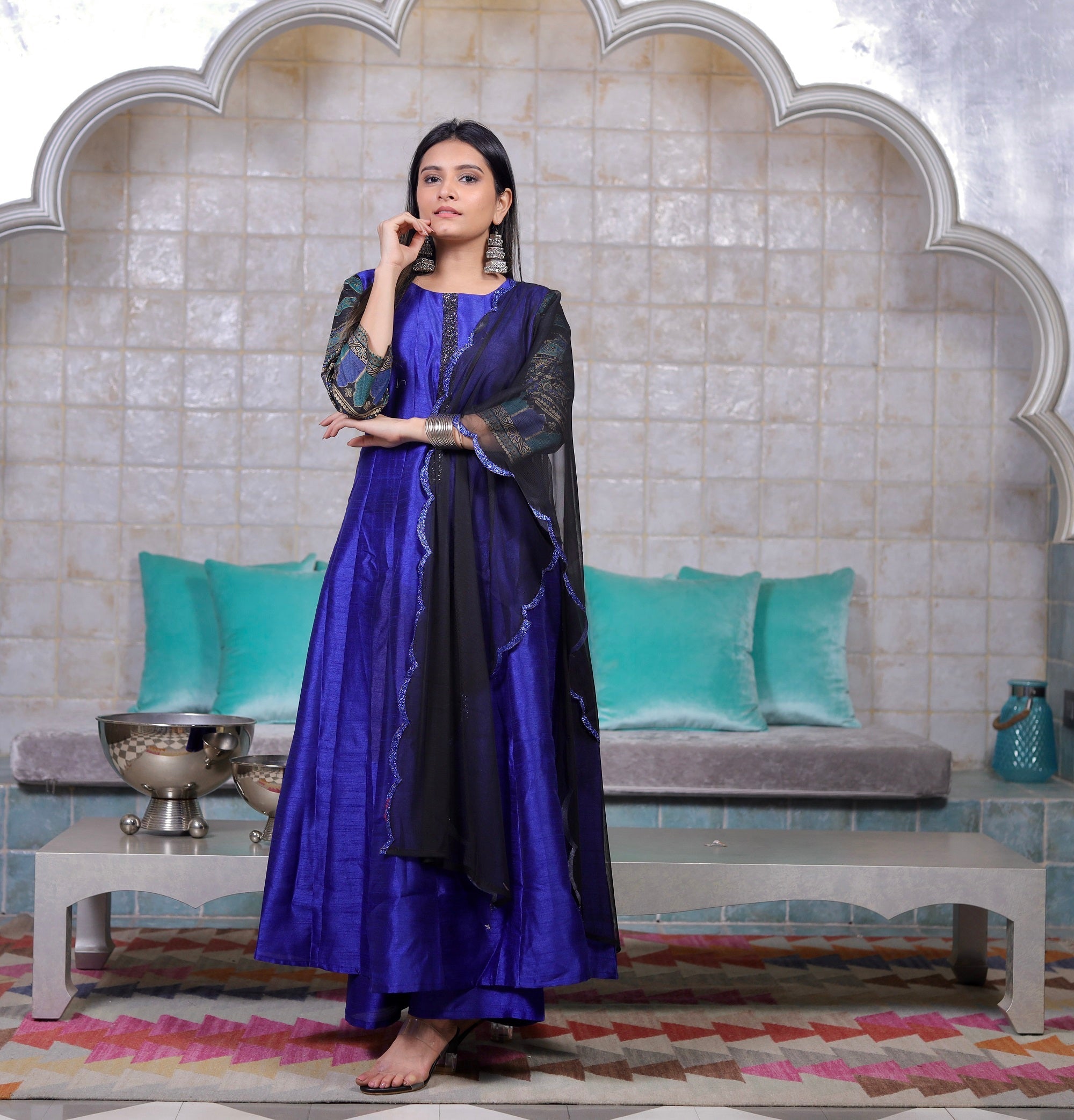 Blue Solid Kurta with Palazzos & Dupatta