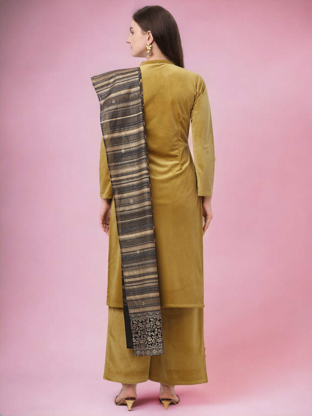 Dark Mustard Solid Velvet Kurta Set with Dupatta