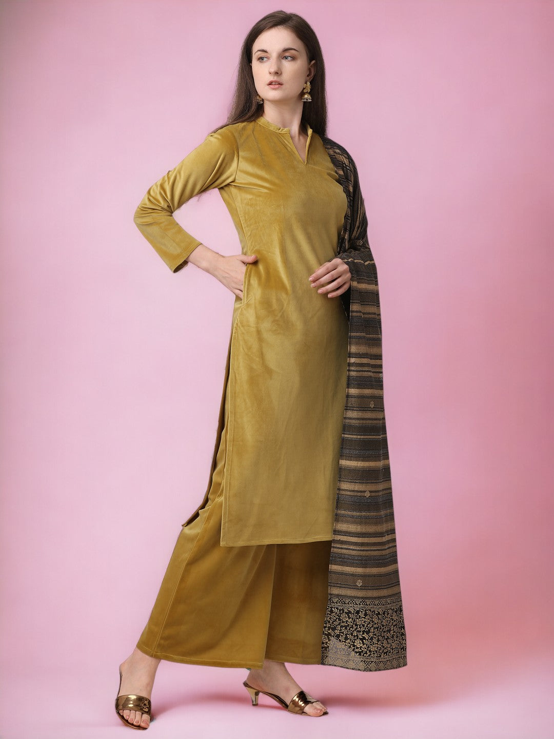 Dark Mustard Solid Velvet Kurta Set with Dupatta