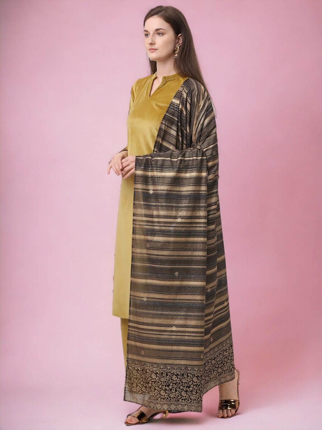 Dark Mustard Solid Velvet Kurta Set with Dupatta