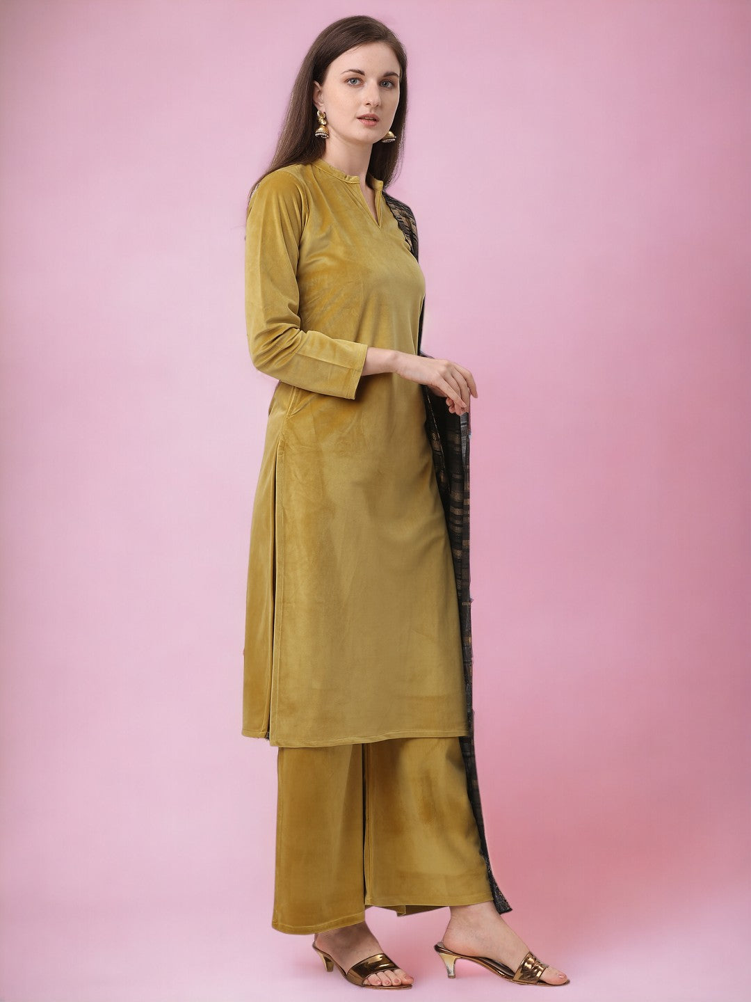 Dark Mustard Solid Velvet Kurta Set with Dupatta