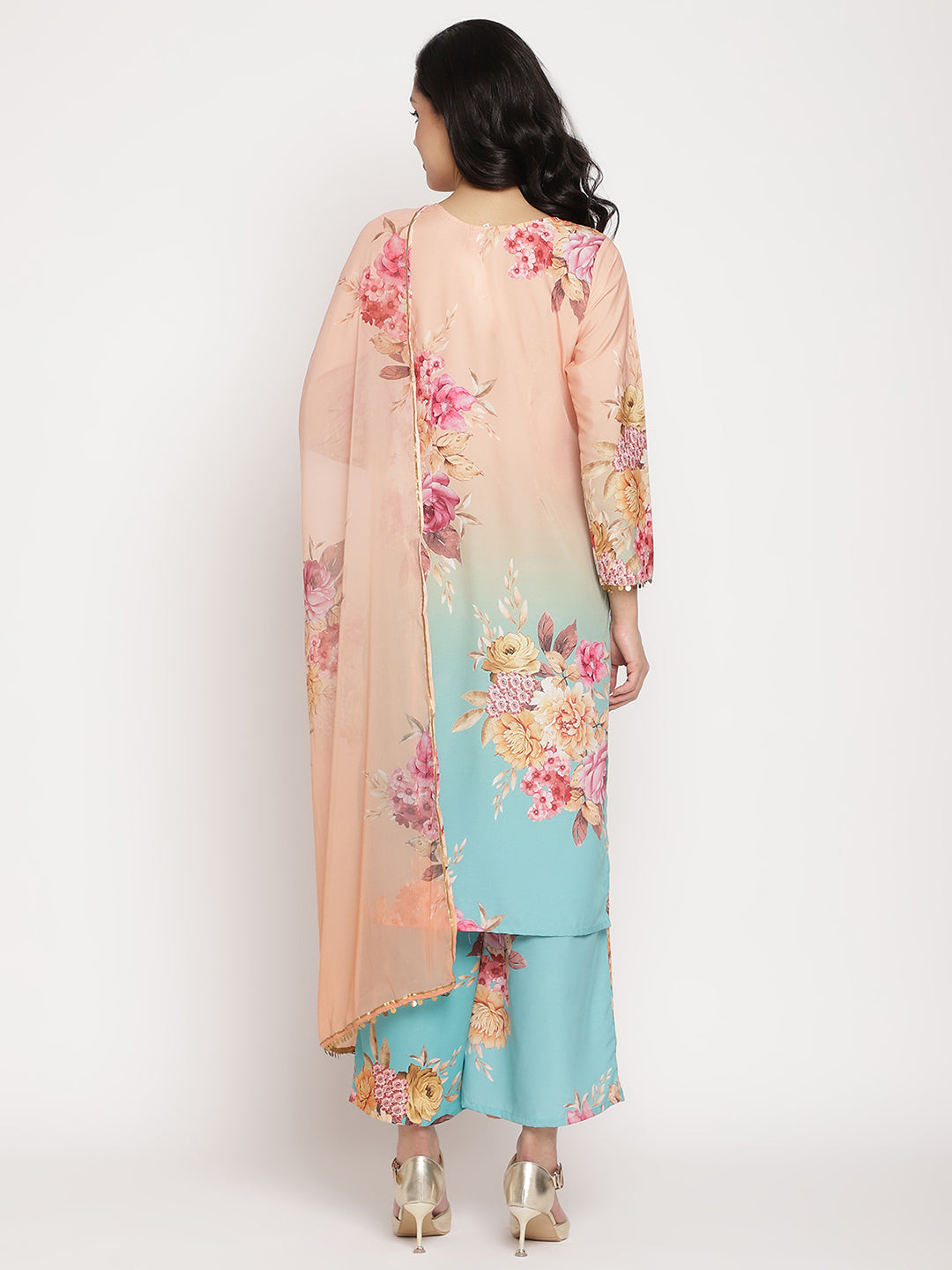 Peach Floral Printed Kurta Palazzo Set With Dupatta