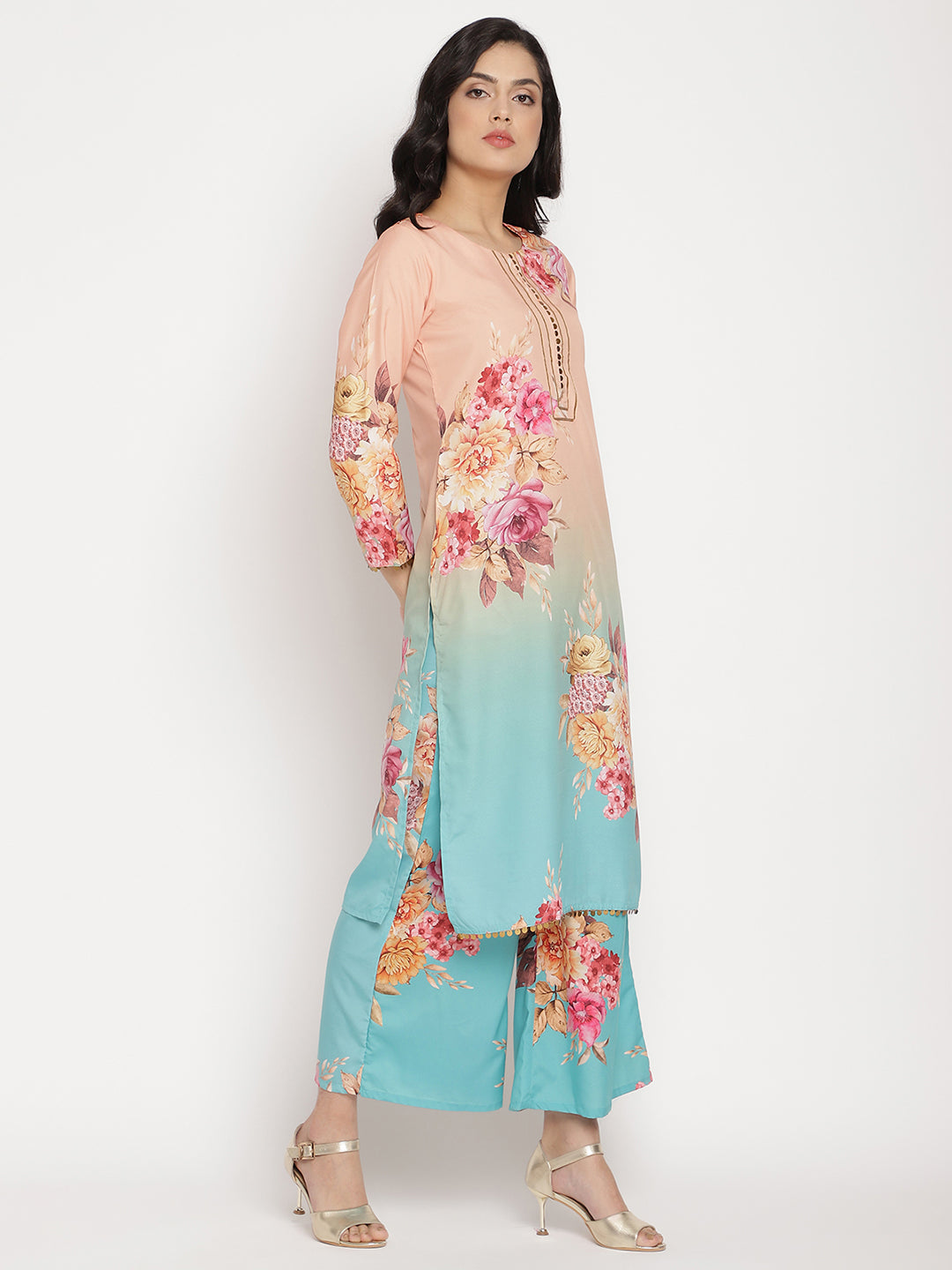 Peach Floral Printed Kurta Palazzo Set With Dupatta