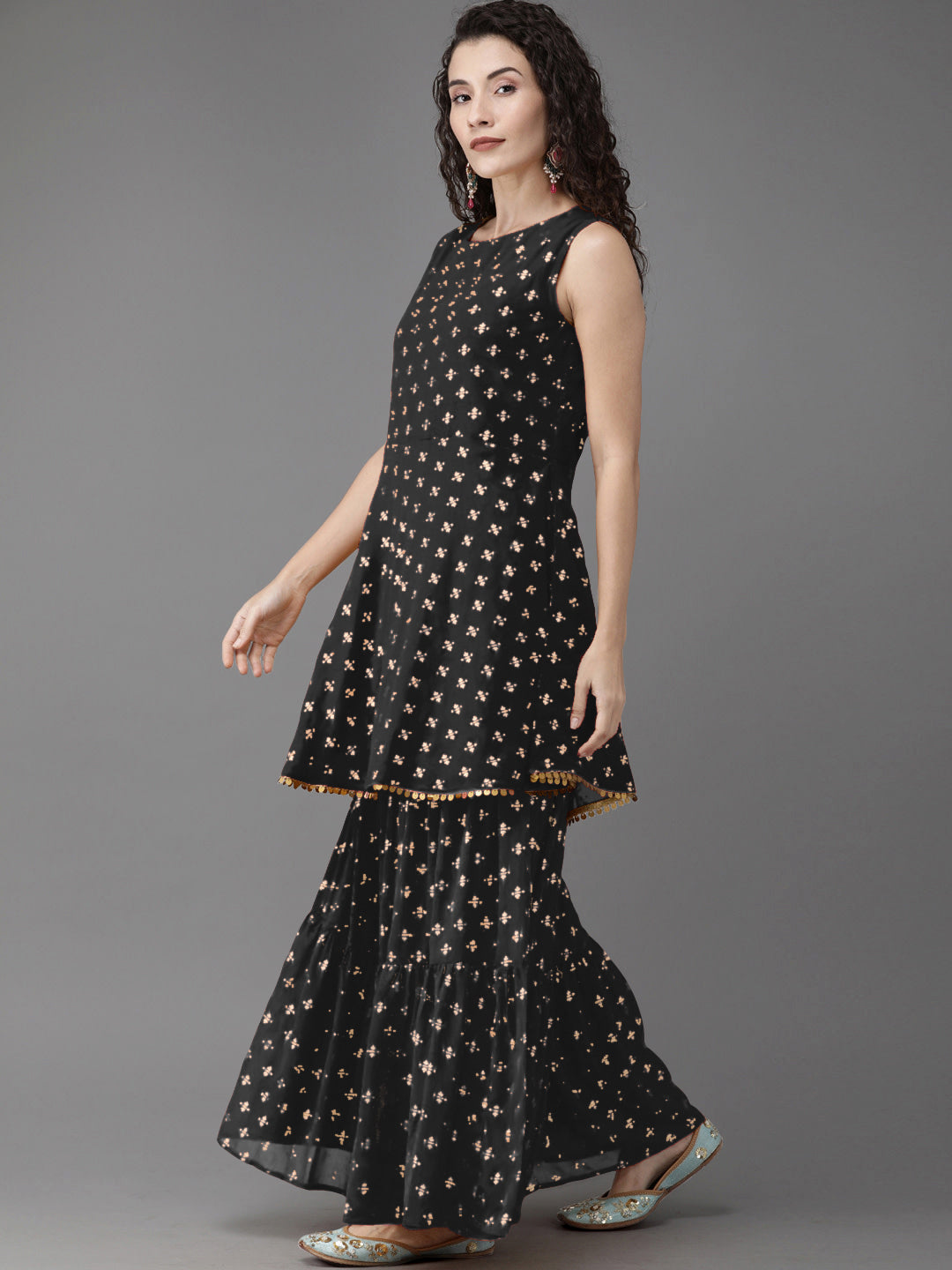 Women Black Ethnic Motifs Printed Empire Kurta with Sharara & With Dupatta