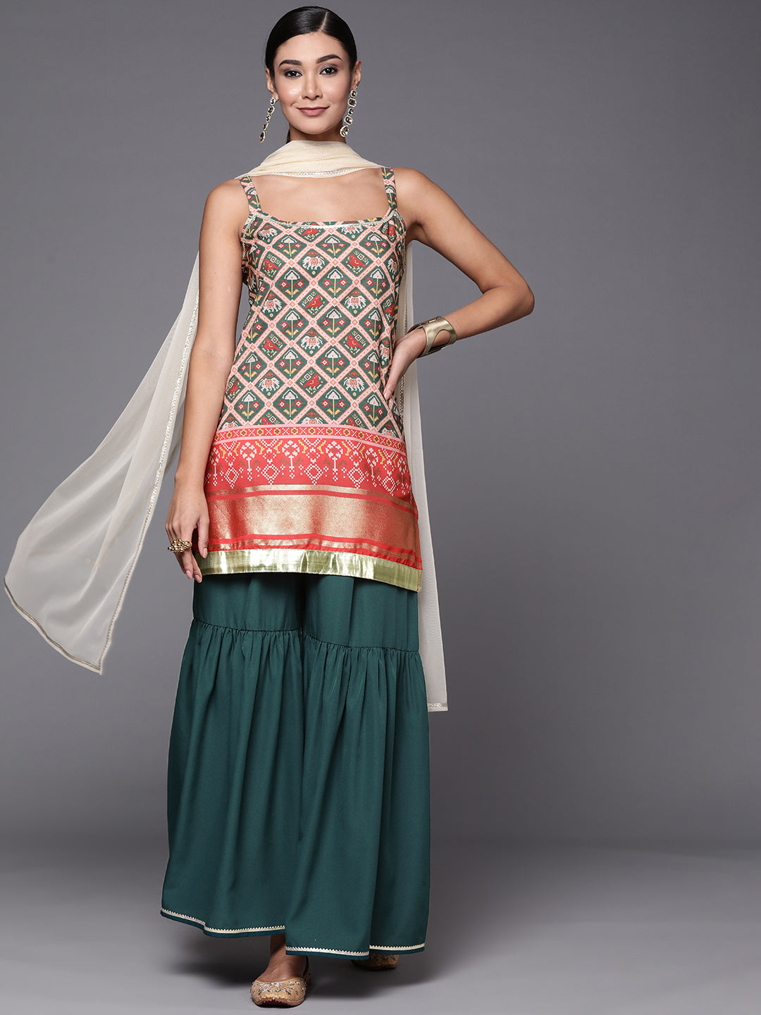 Women's Green & Red Printed Sharara Set With Dupatta-AH