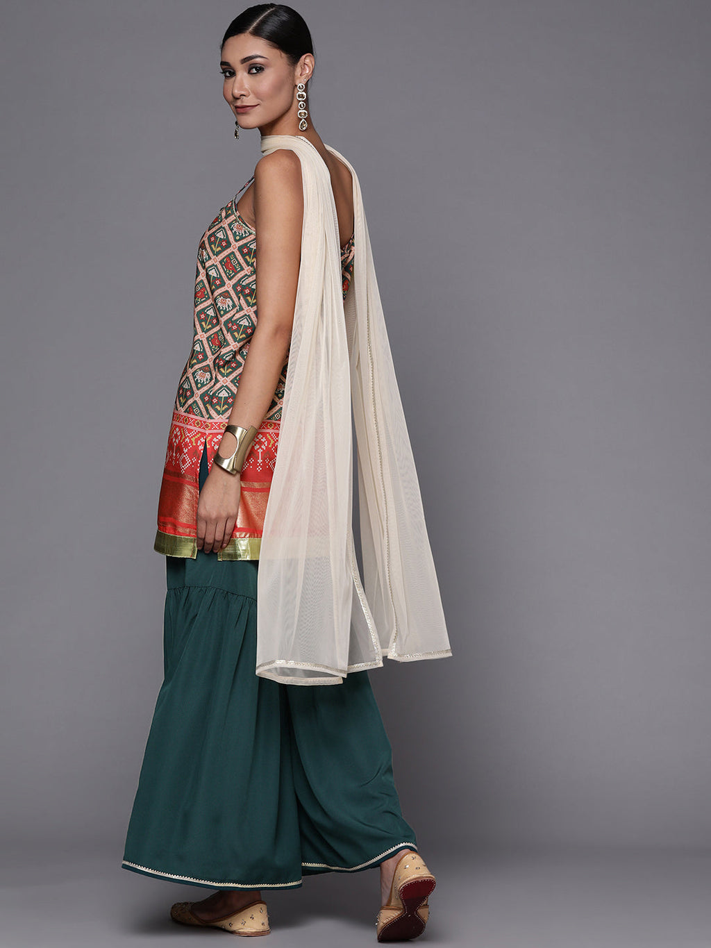 Women's Green & Red Printed Sharara Set With Dupatta-AH