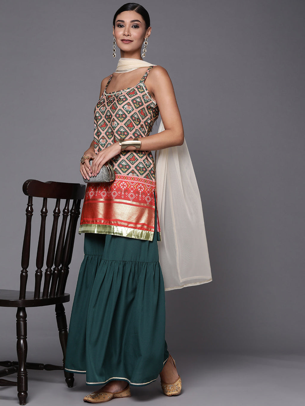 Women's Green & Red Printed Sharara Set With Dupatta-AH