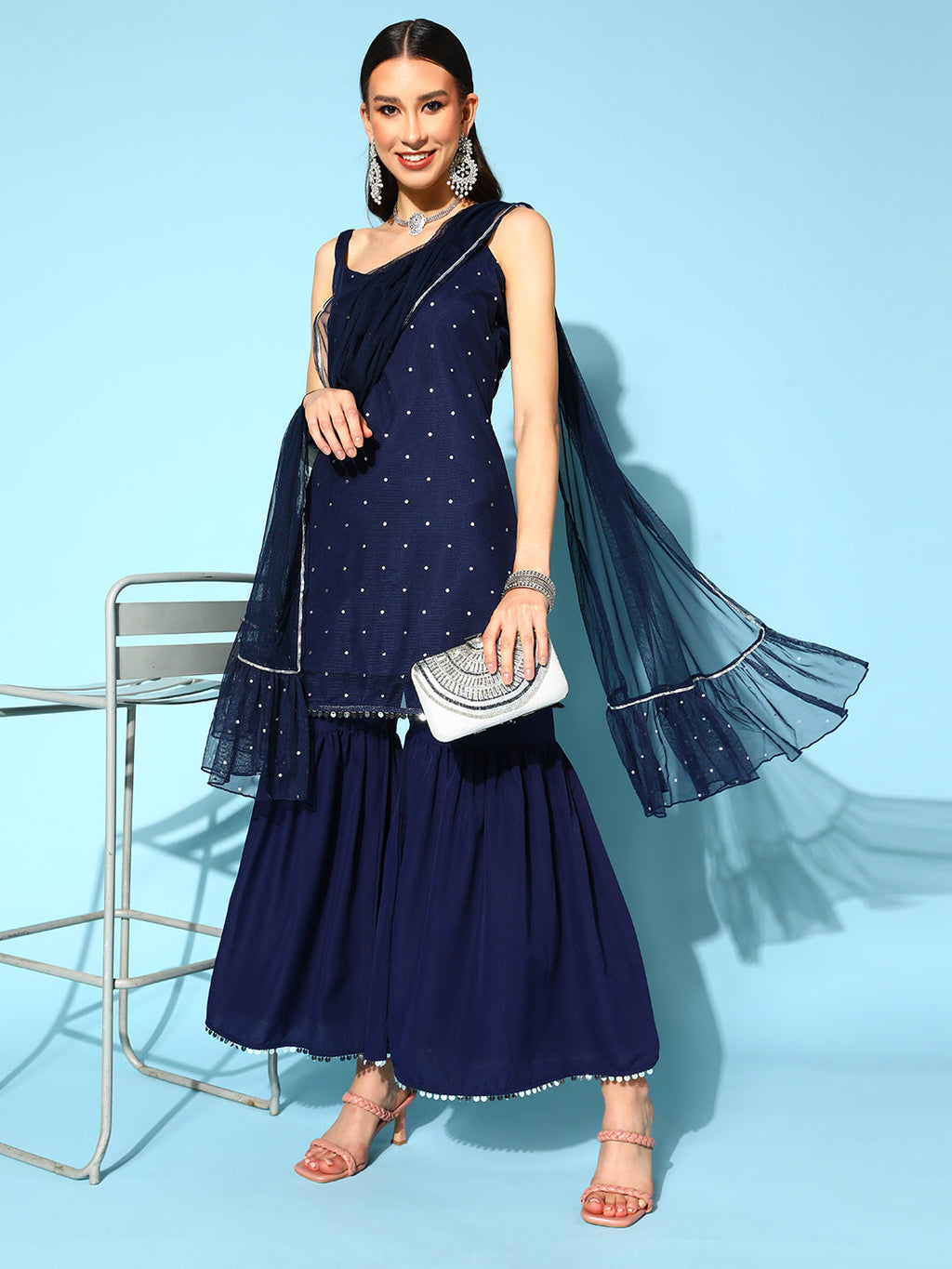 Women's Navy Blue Printed Top to Toe Printed Fusion Sharara Sets With Dupatta-AH