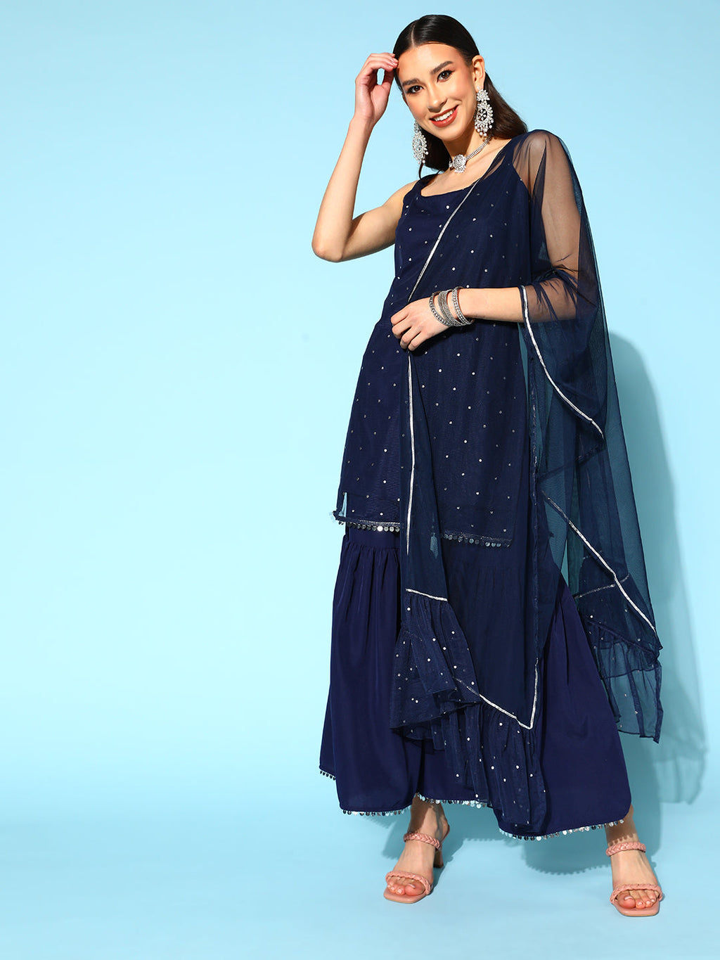 Women's Navy Blue Printed Top to Toe Printed Fusion Sharara Sets With Dupatta-AH