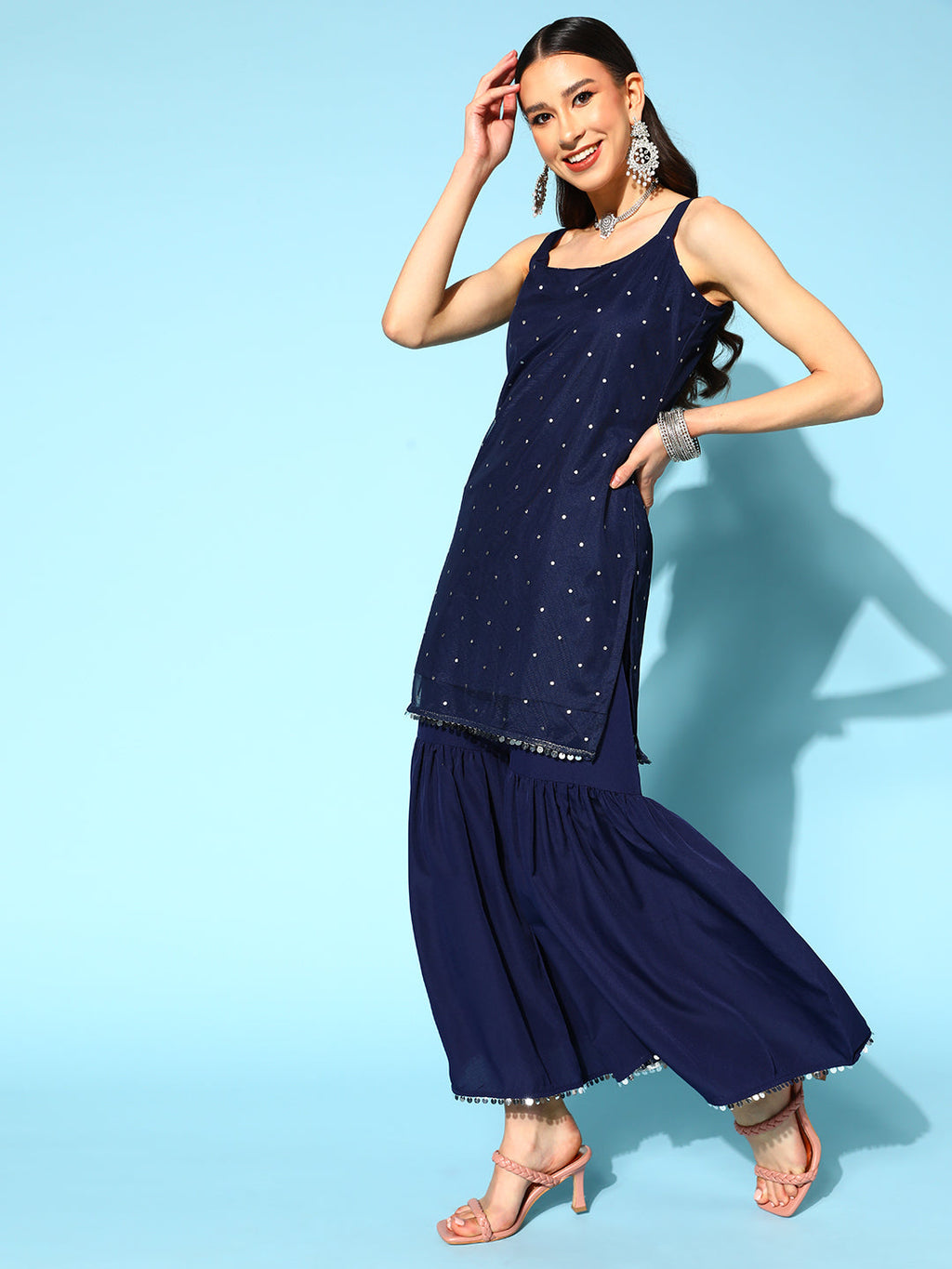 Women's Navy Blue Printed Top to Toe Printed Fusion Sharara Sets With Dupatta-AH
