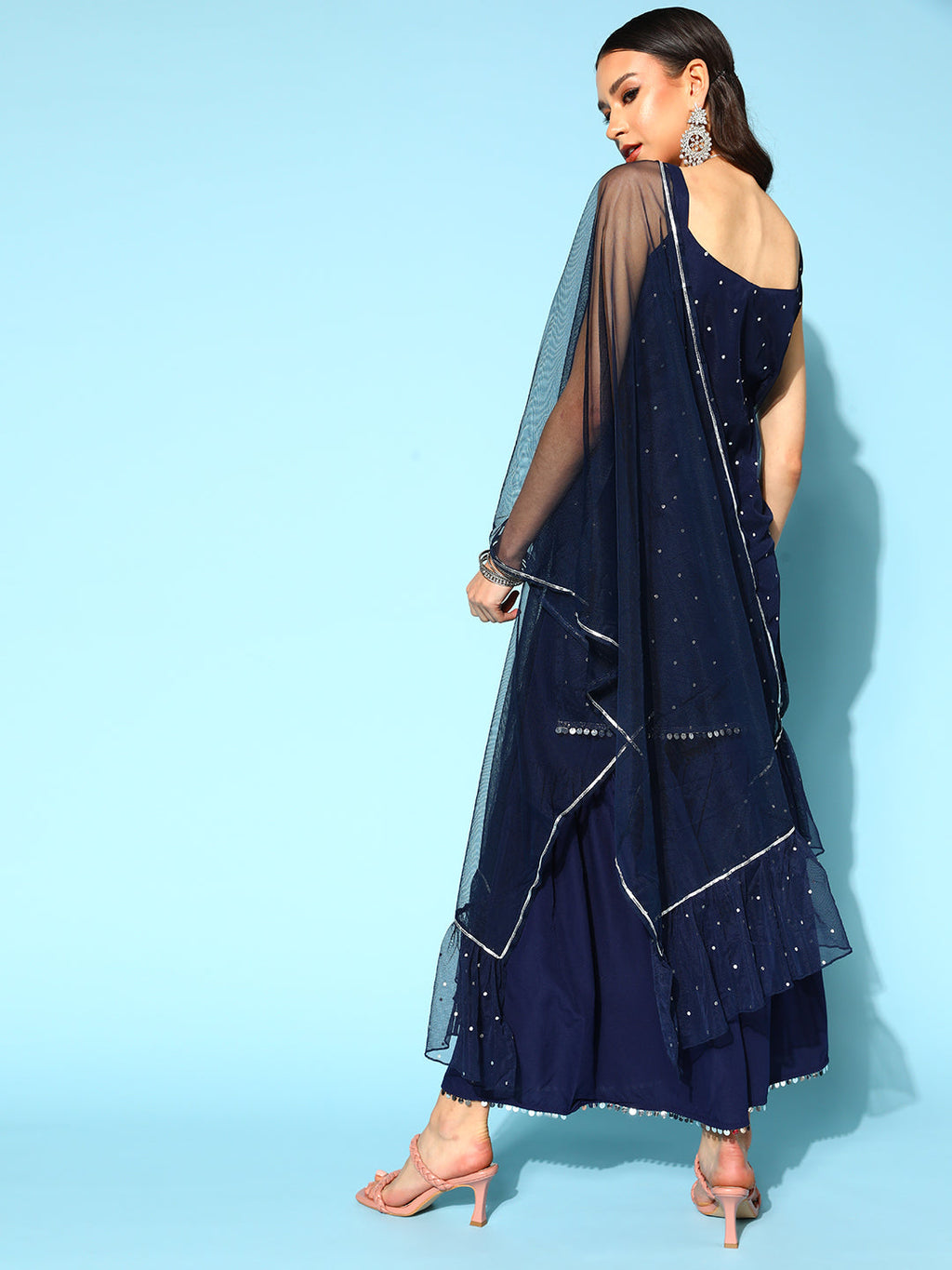 Women's Navy Blue Printed Top to Toe Printed Fusion Sharara Sets With Dupatta-AH