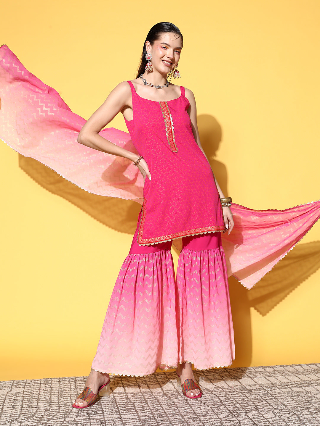 Women's Pink Ombre Printed Gotta Patti Sharara Set With Dupatta-AH