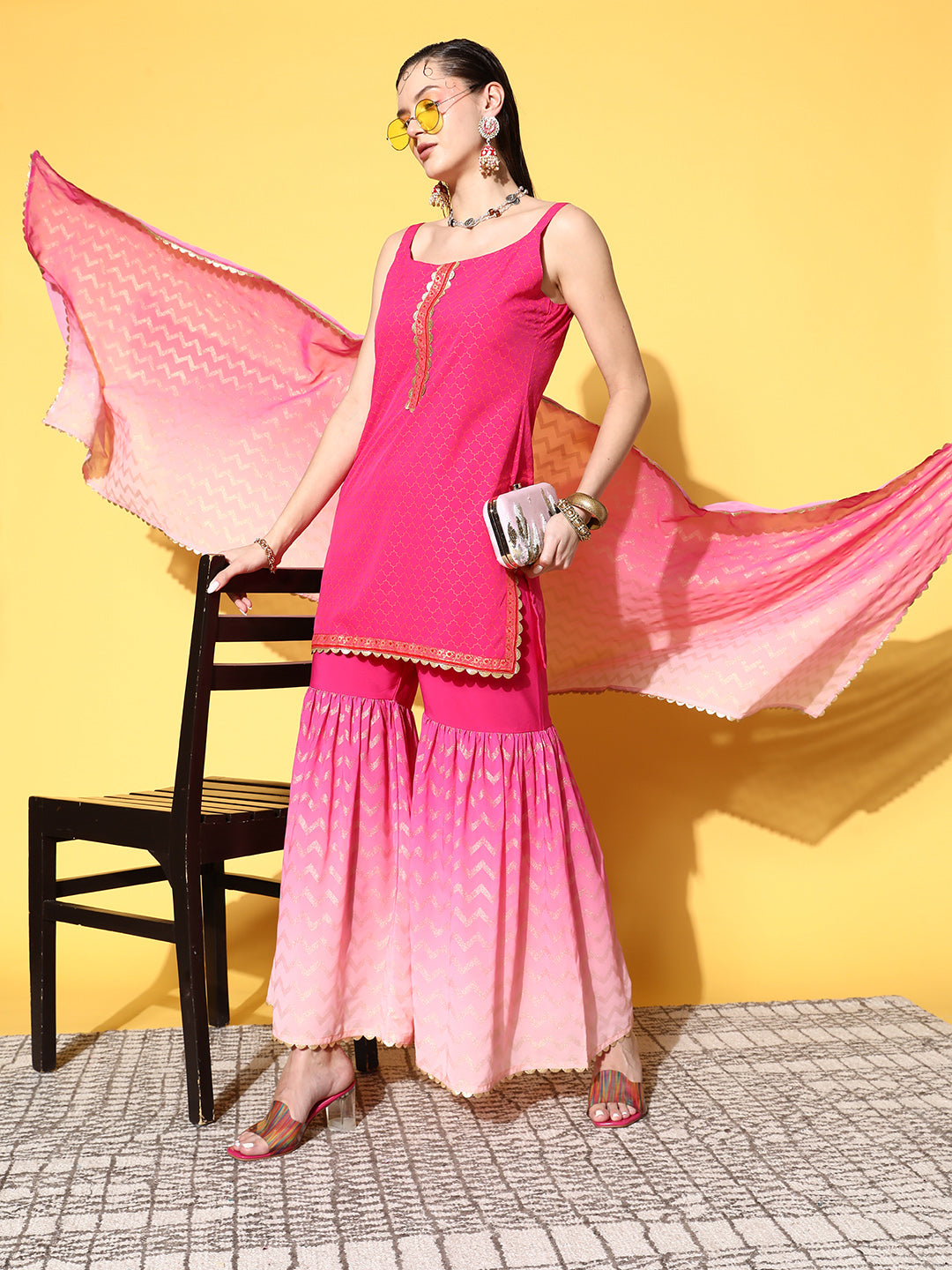 Women's Pink Ombre Printed Gotta Patti Sharara Set With Dupatta-AH