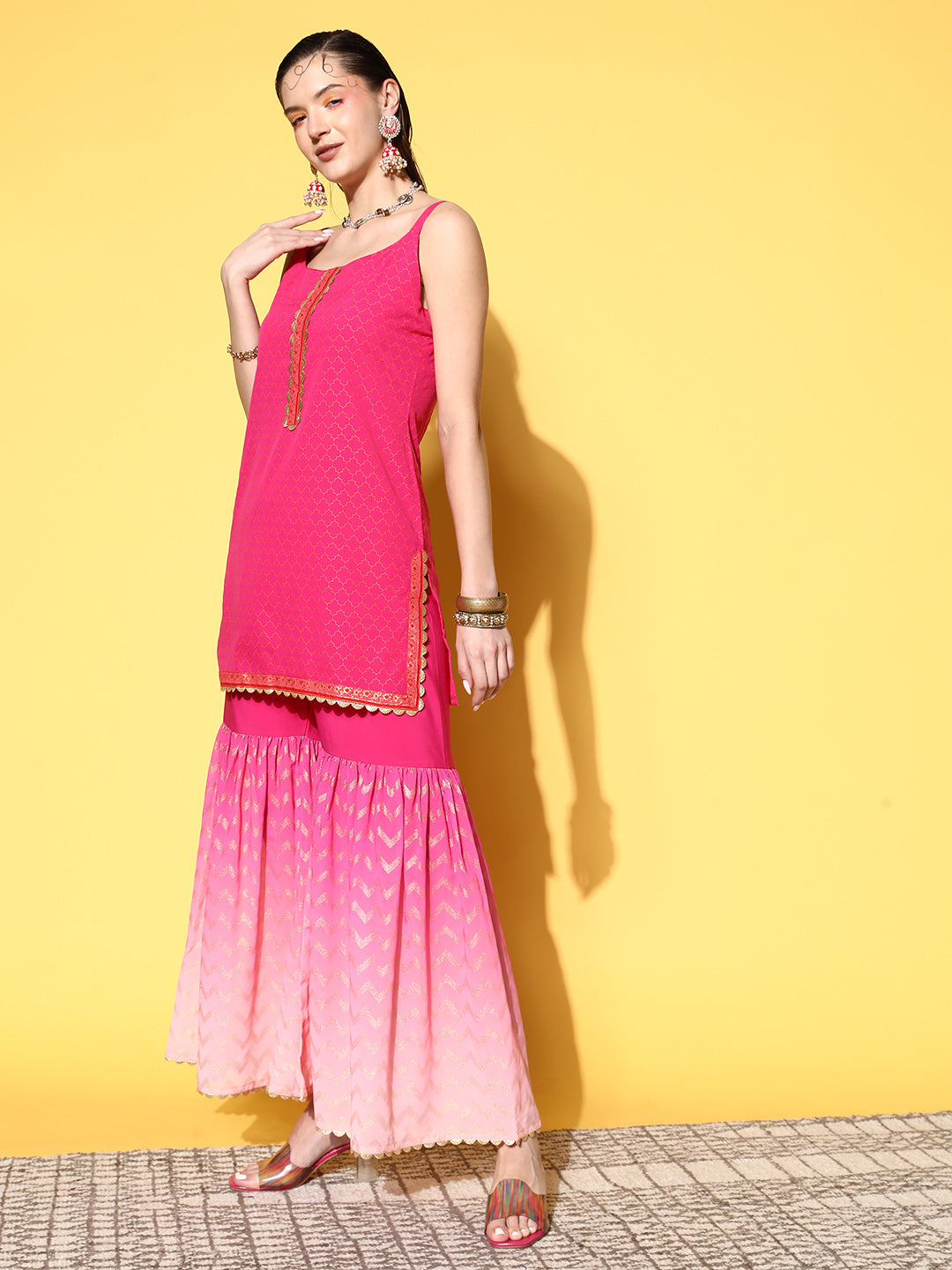Women's Pink Ombre Printed Gotta Patti Sharara Set With Dupatta-AH