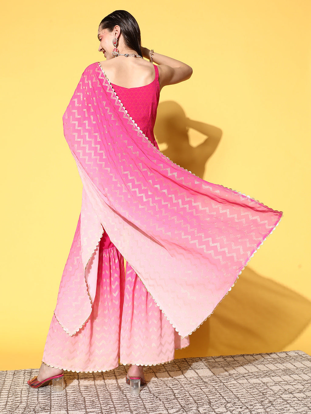 Women's Pink Ombre Printed Gotta Patti Sharara Set With Dupatta-AH