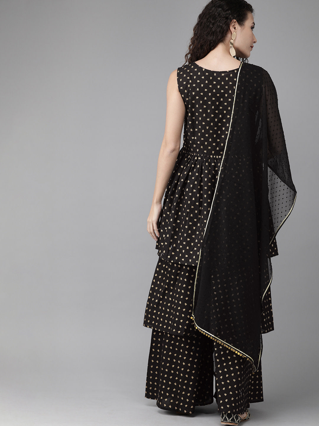 Women Black & Golden Printed Tiered Kurta with Sharara & Dupatta