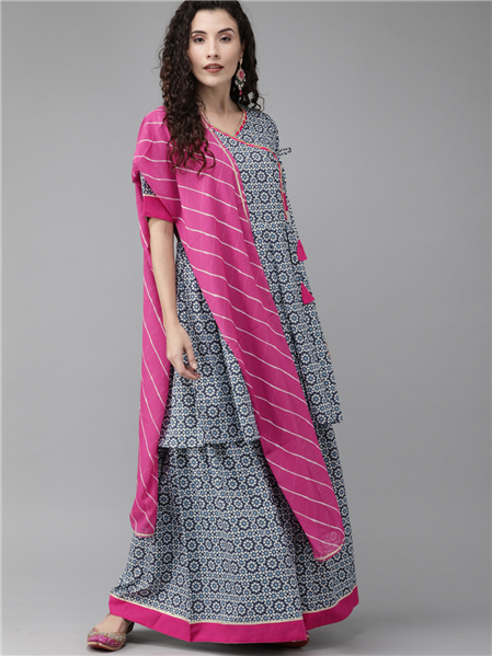 Blue & Pink Printed Kurta Set