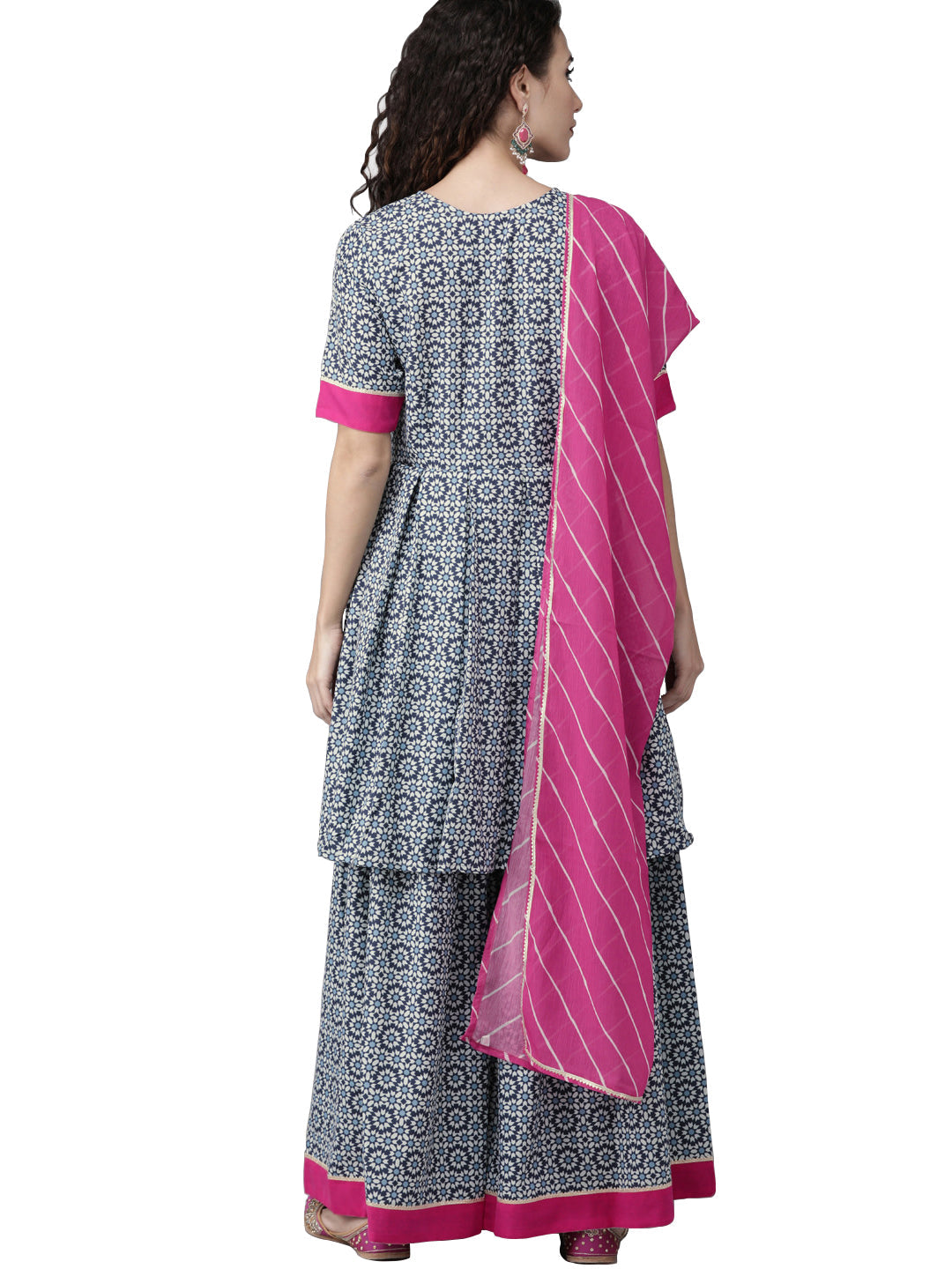 Blue & Pink Printed Kurta Set