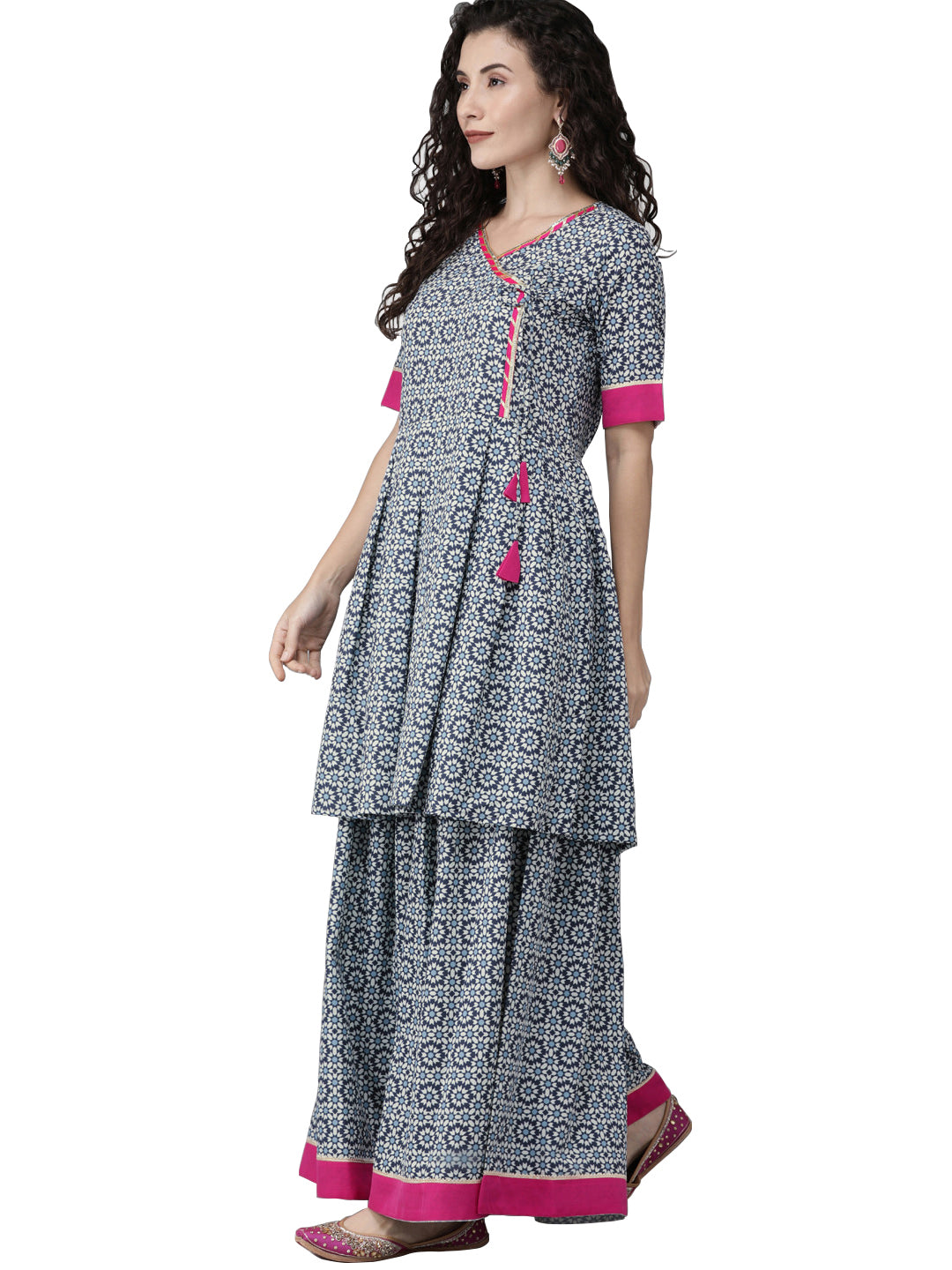 Blue & Pink Printed Kurta Set