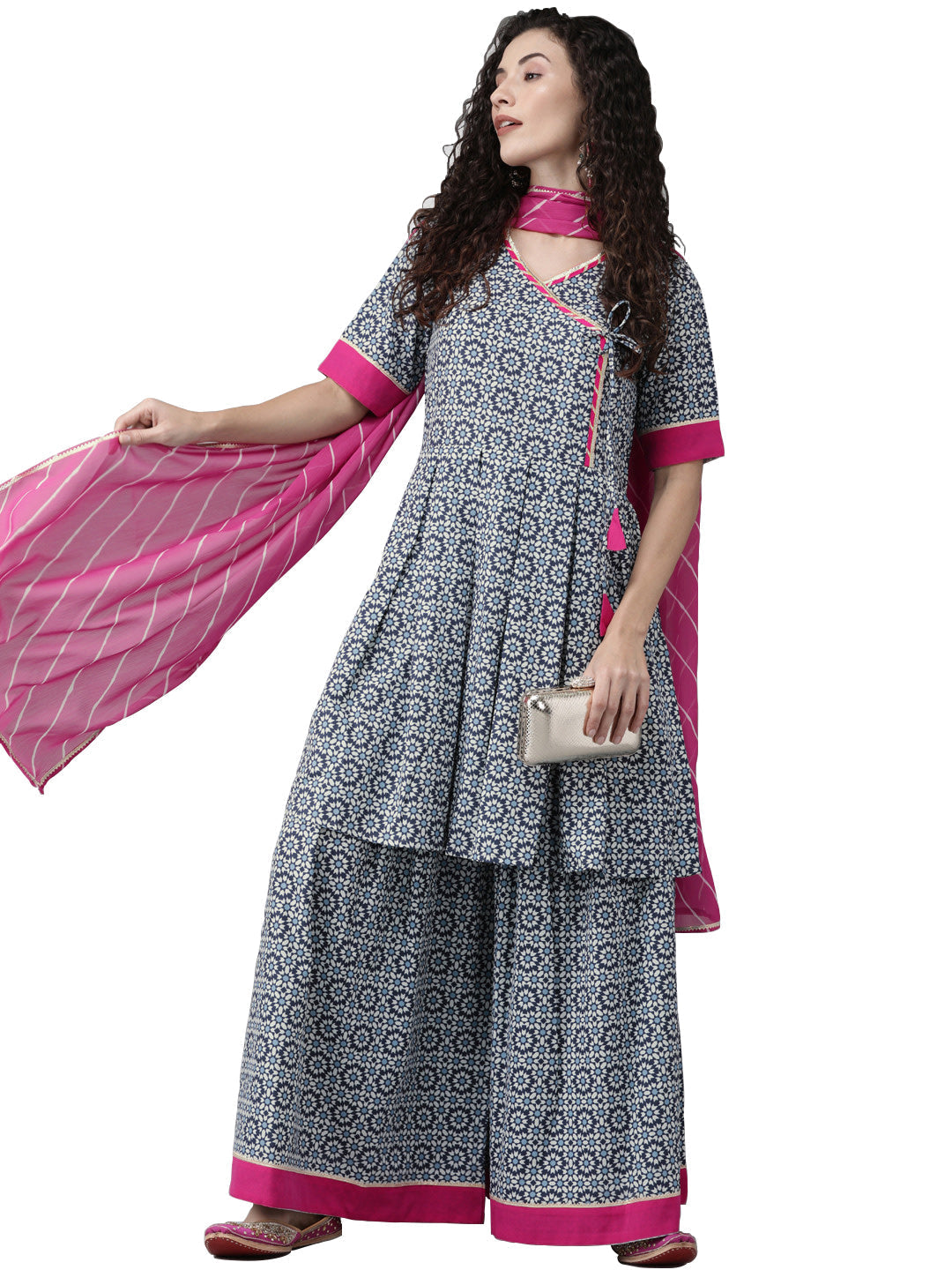 Blue & Pink Printed Kurta Set