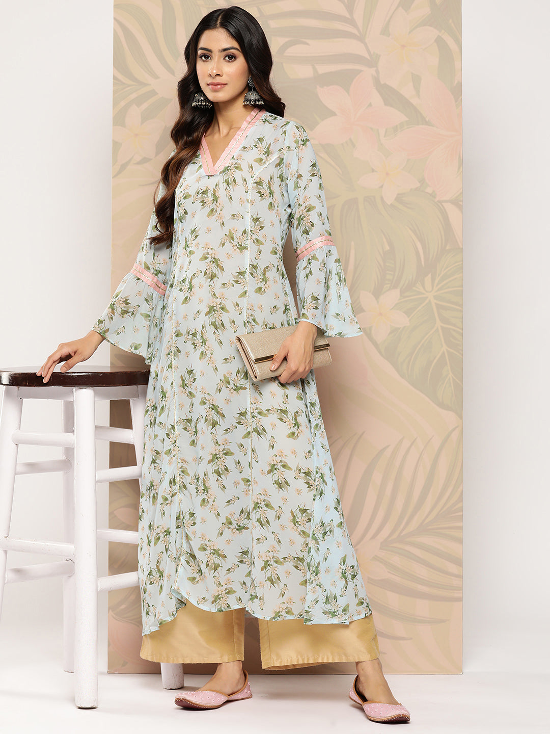 Blue Floral Printed Gotta Patti Georgette Kurta