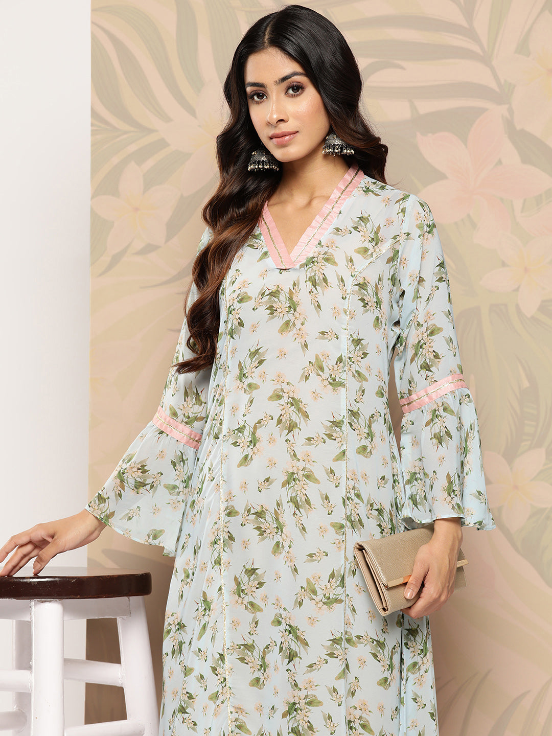 Blue Floral Printed Gotta Patti Georgette Kurta