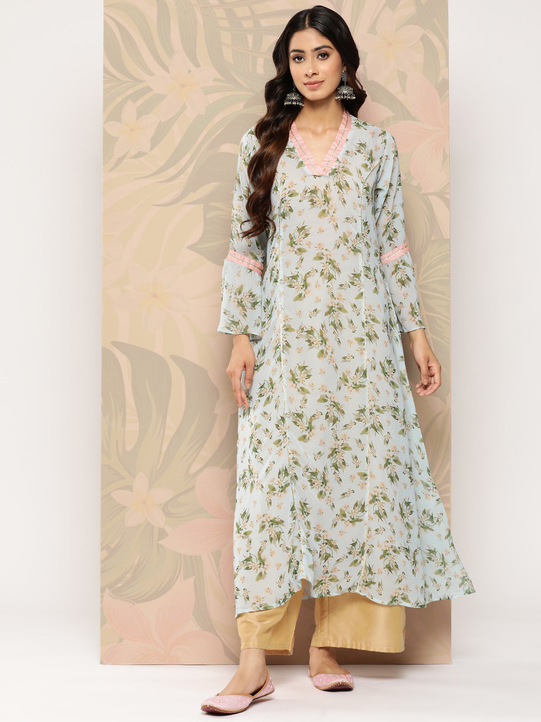 Blue Floral Printed Gotta Patti Georgette Kurta