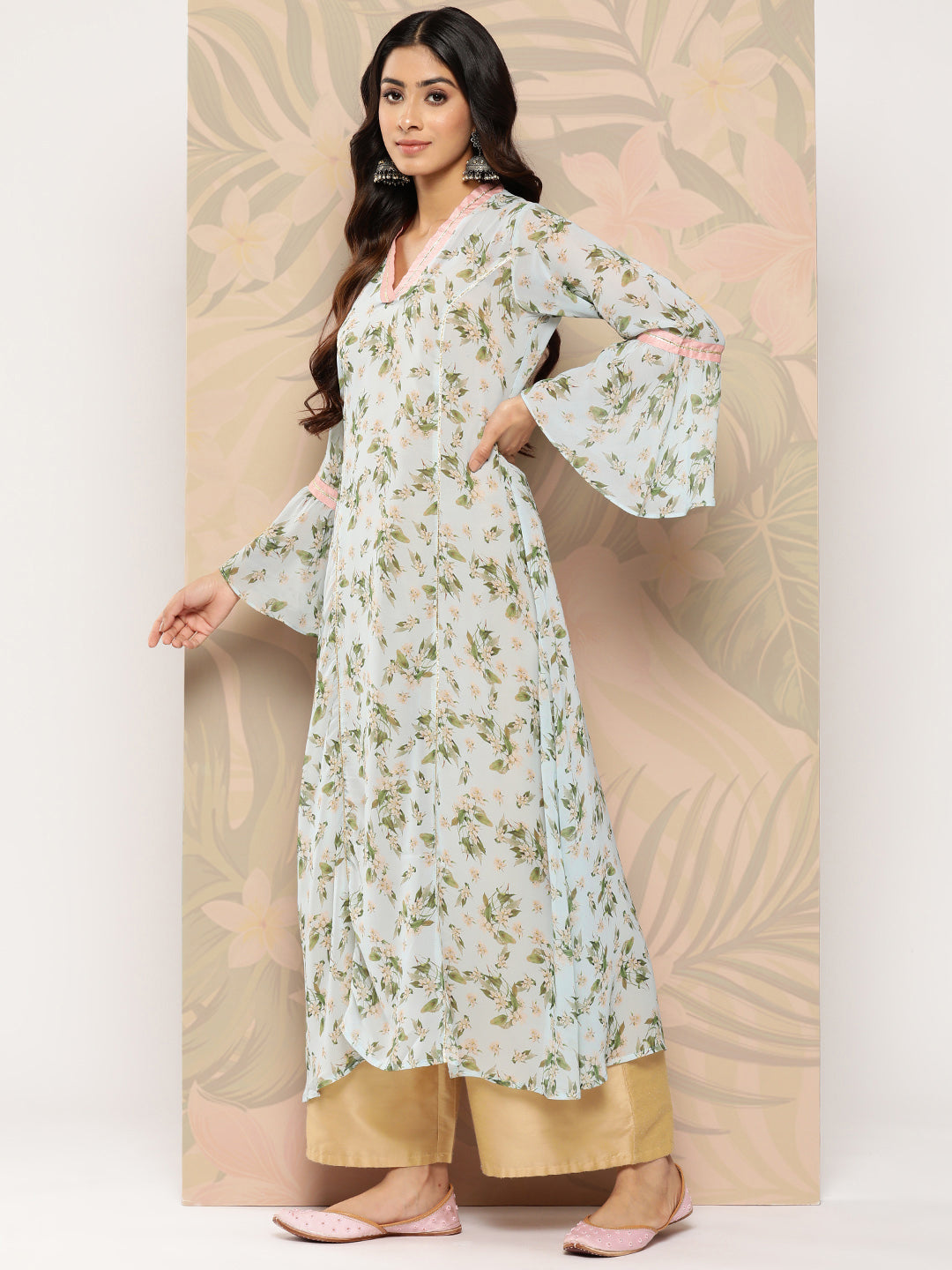 Blue Floral Printed Gotta Patti Georgette Kurta