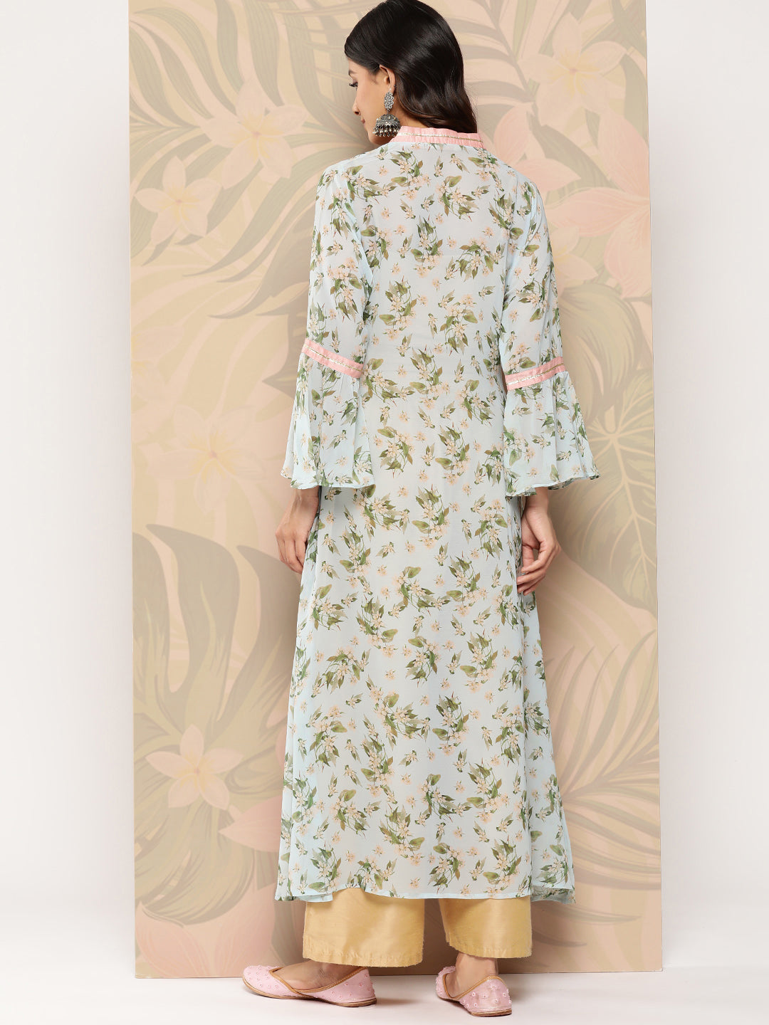 Blue Floral Printed Gotta Patti Georgette Kurta