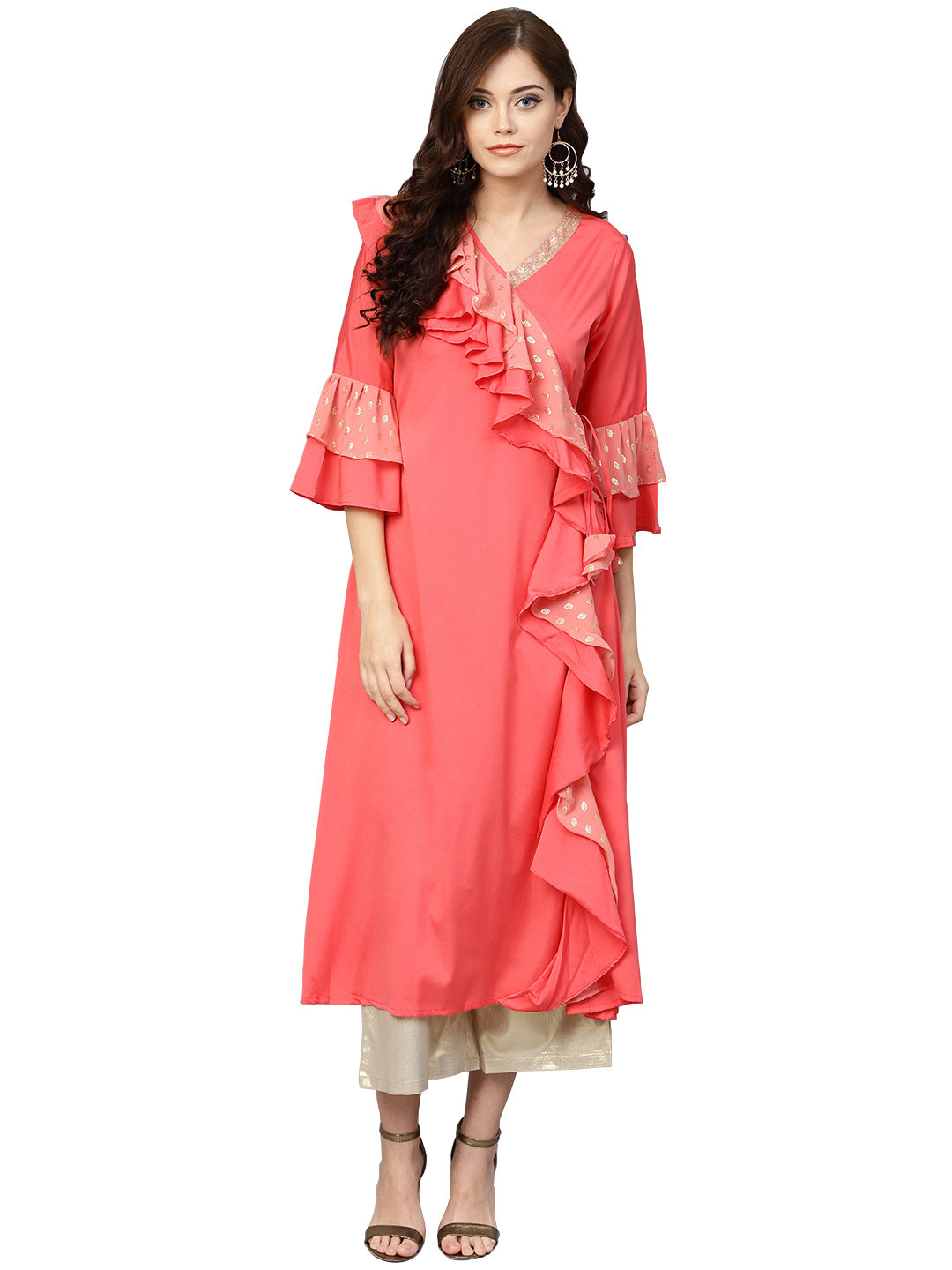 Coral Pink Solid Ruffle Detail Angrakha Kurta