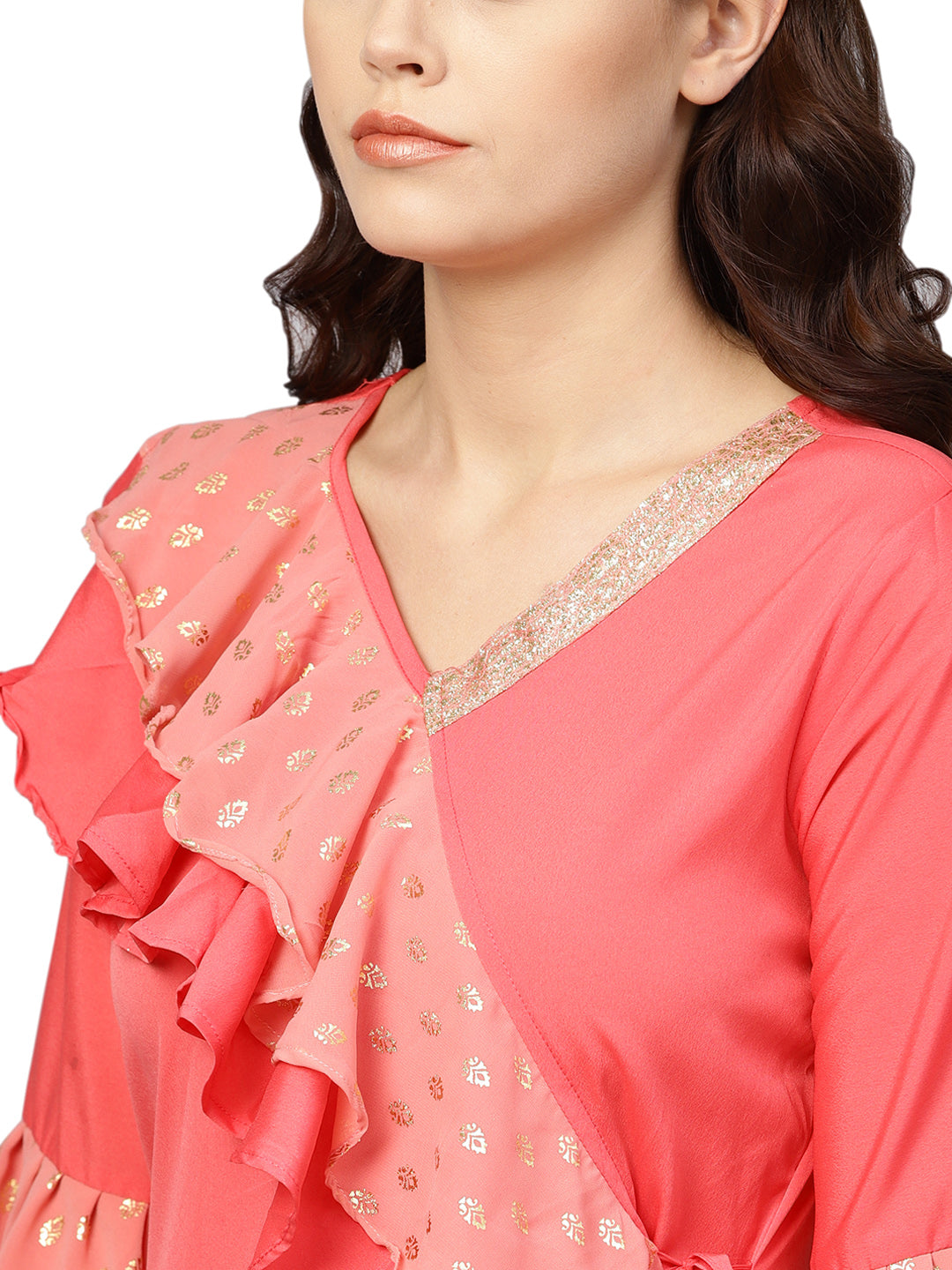 Coral Pink Solid Ruffle Detail Angrakha Kurta