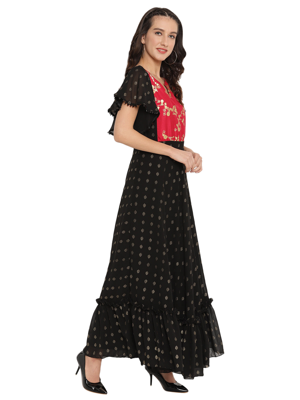 Black & Red Flared Ethnic Maxi Dress