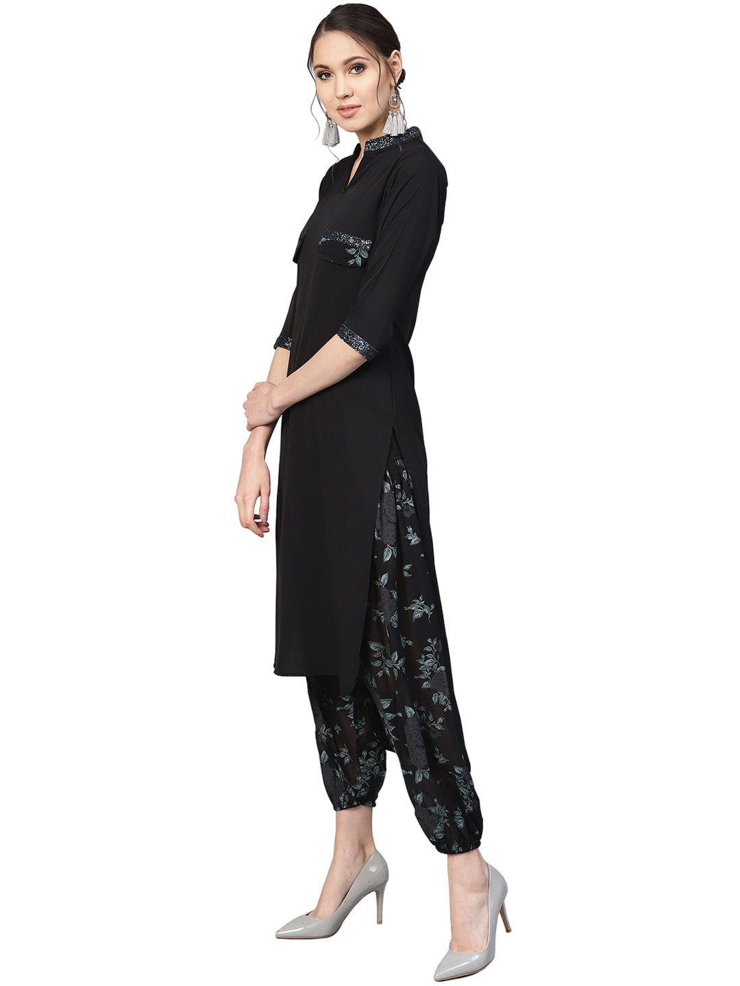 Black & Green Solid Kurta with Harem Pants